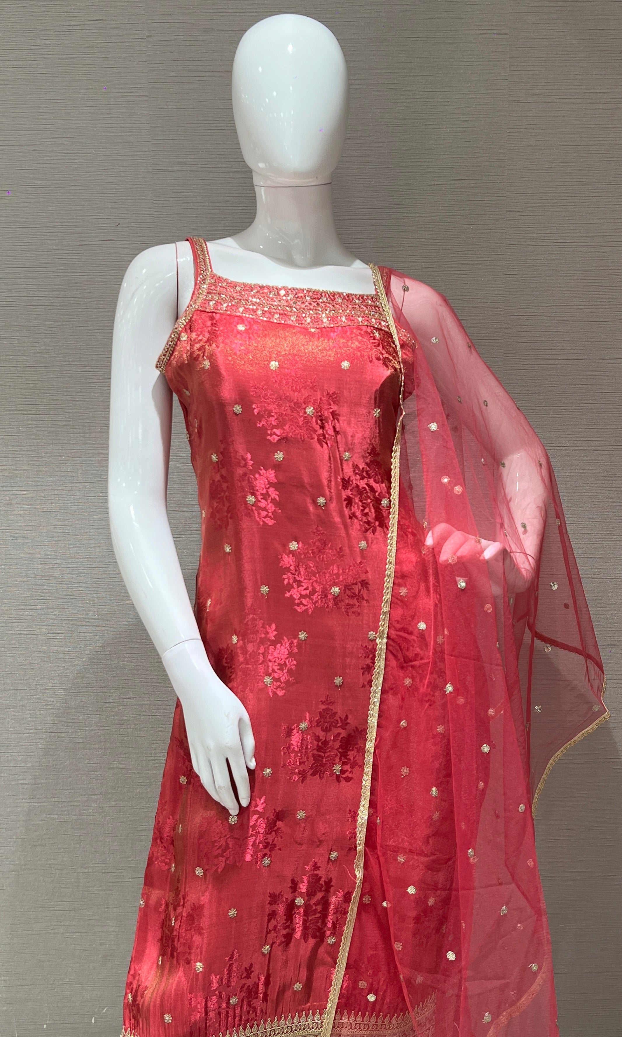 pink and gold embroidered kurta set