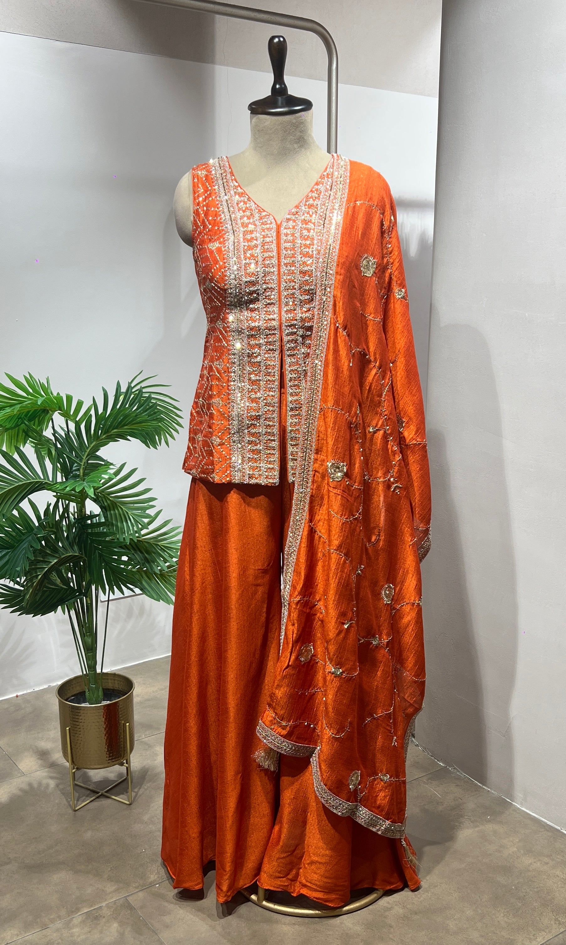 Rust Crepe Embroidered Silk Palazzo Suit