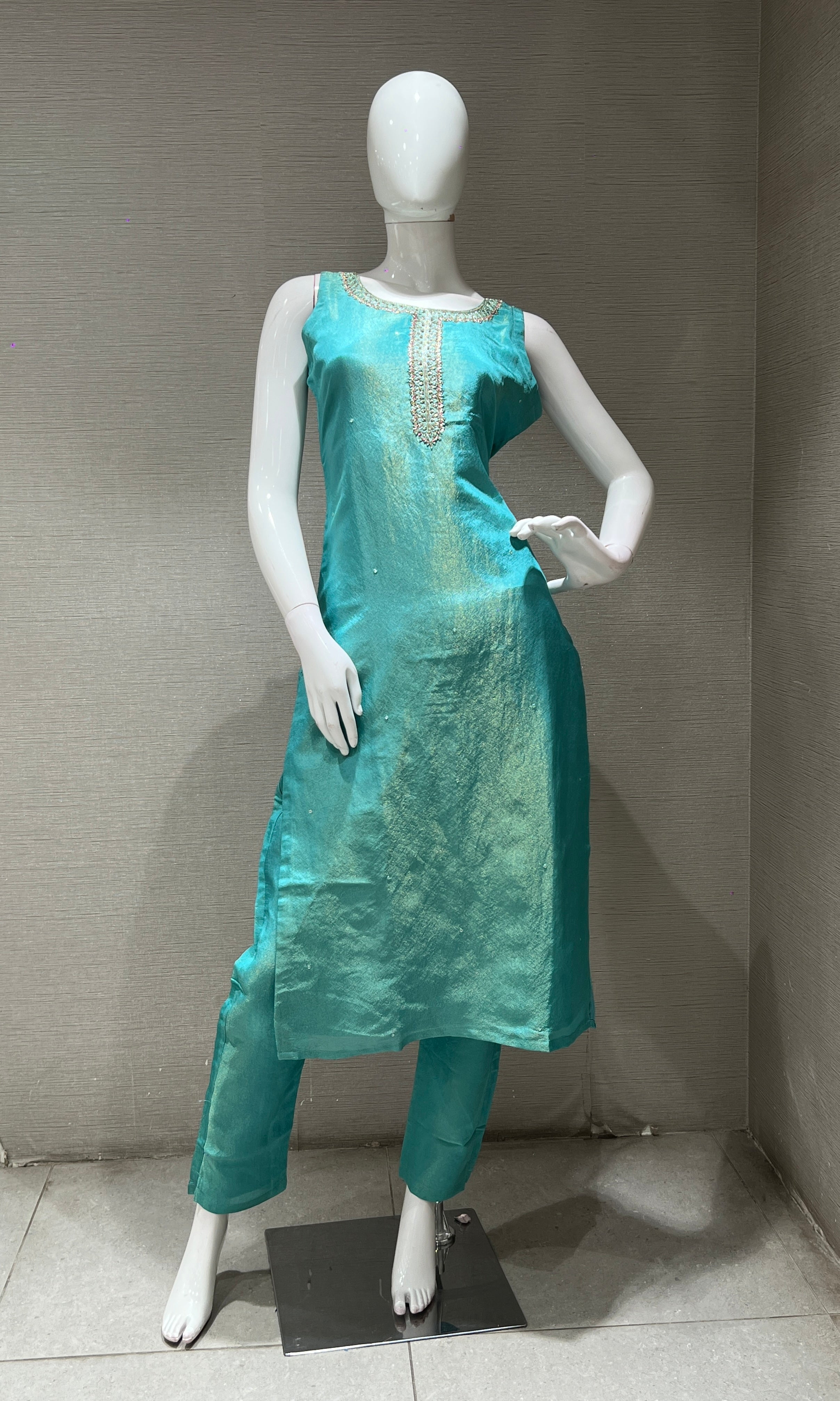 sea blue kurta set with floral printed dupatta