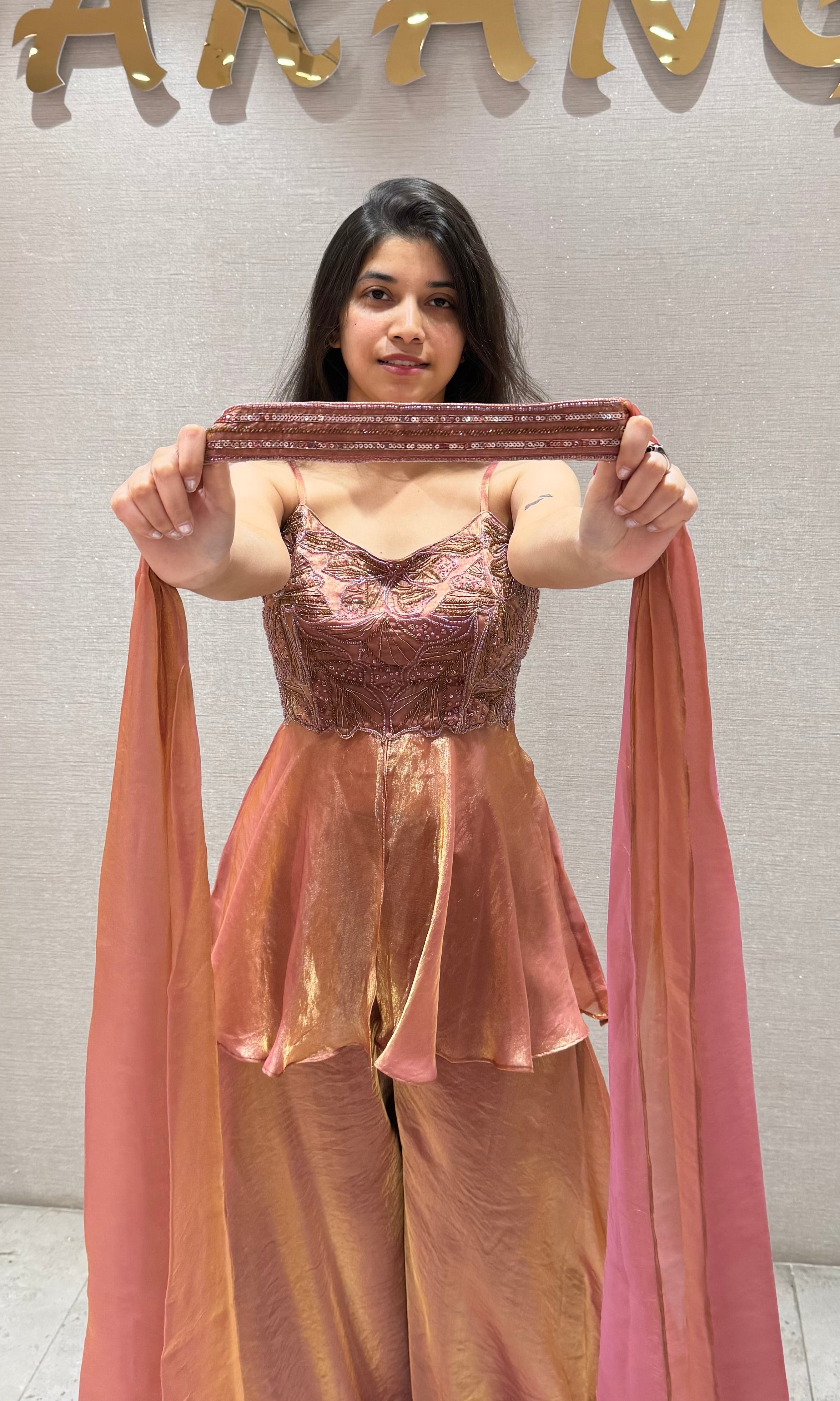 Rust EMBROIDERED PEPLUM PALAZZO SET