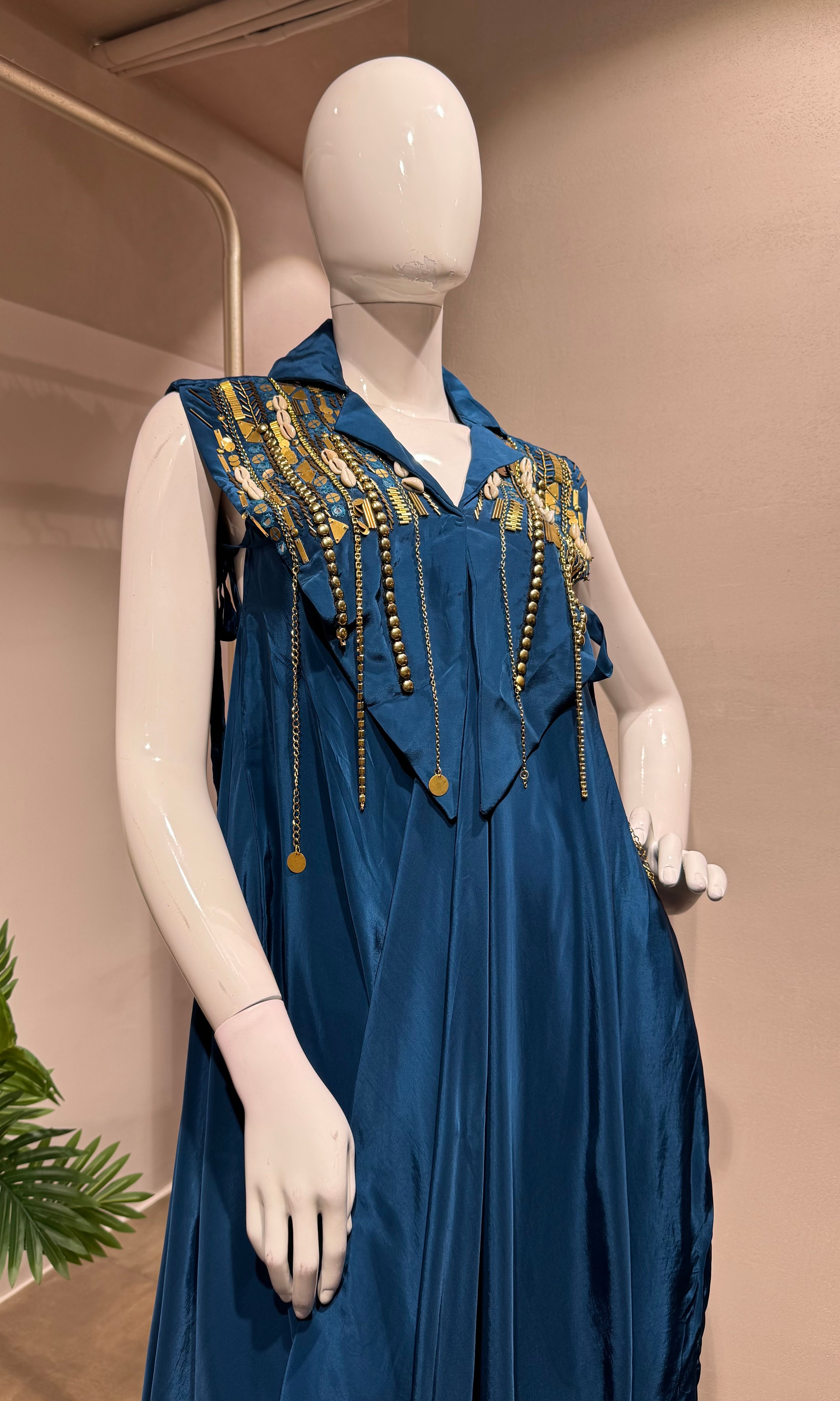Teal Blue Embellished Draped Dothi style