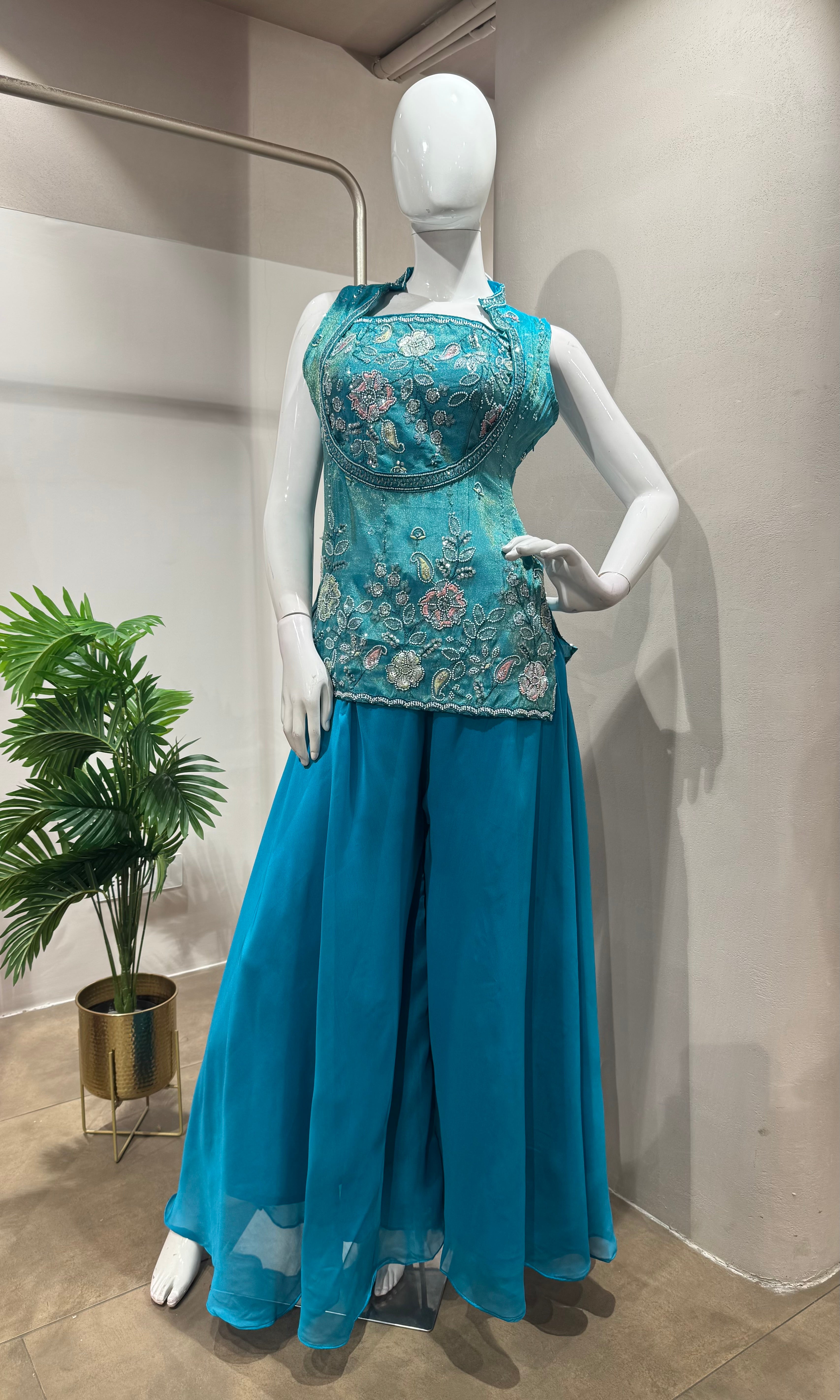 BLUE Embroidered PALAZZO Suit Set