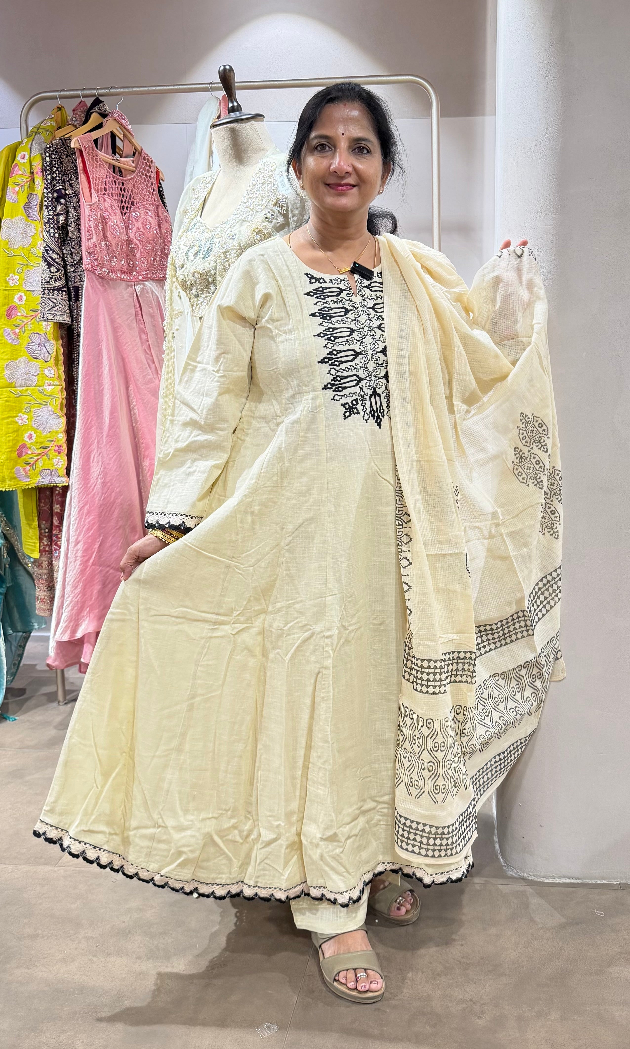 Half White Mul Cotton Anarkali Suit Embroidery