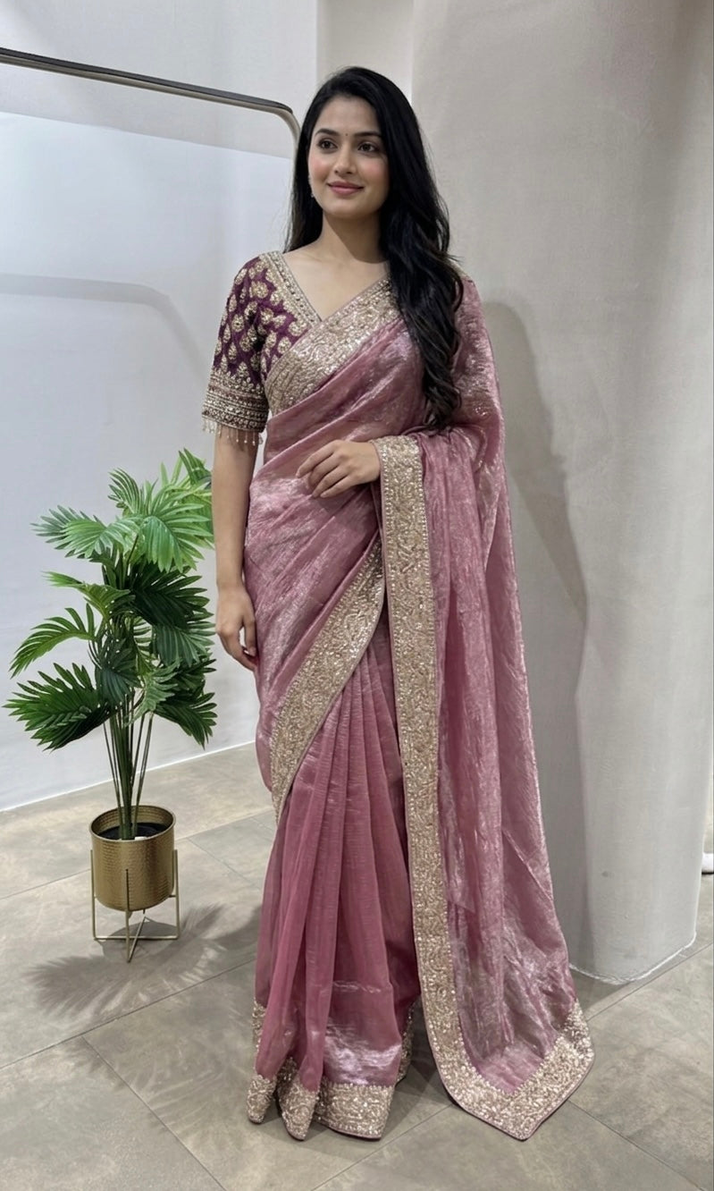 TISSUE WINE BANARASI SAREE WITH BLOUSE