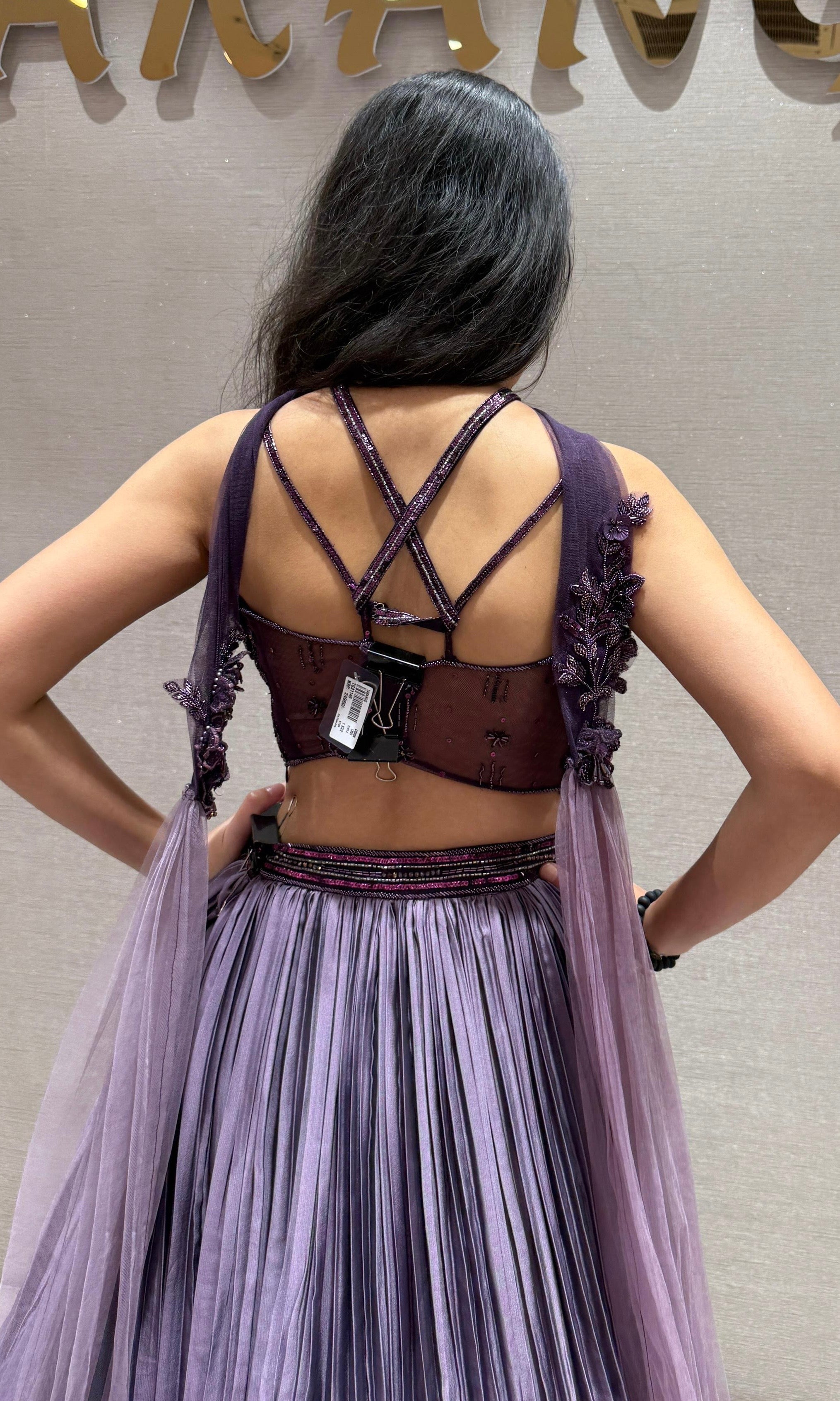 Purple Plum Embellished Blouse Pleated Lehenga
