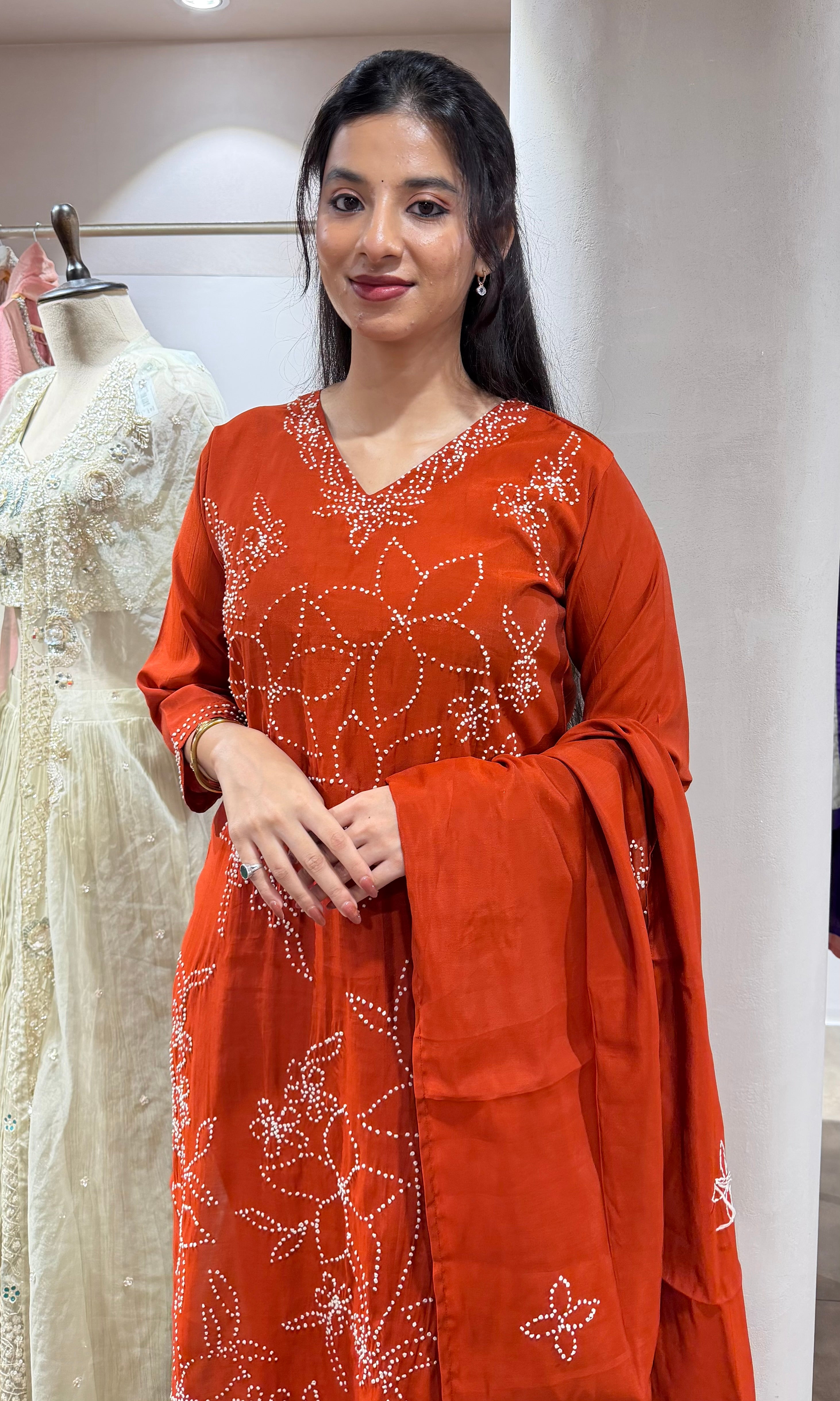 RUST FLORAL MUL CHANDERI KURTA SET