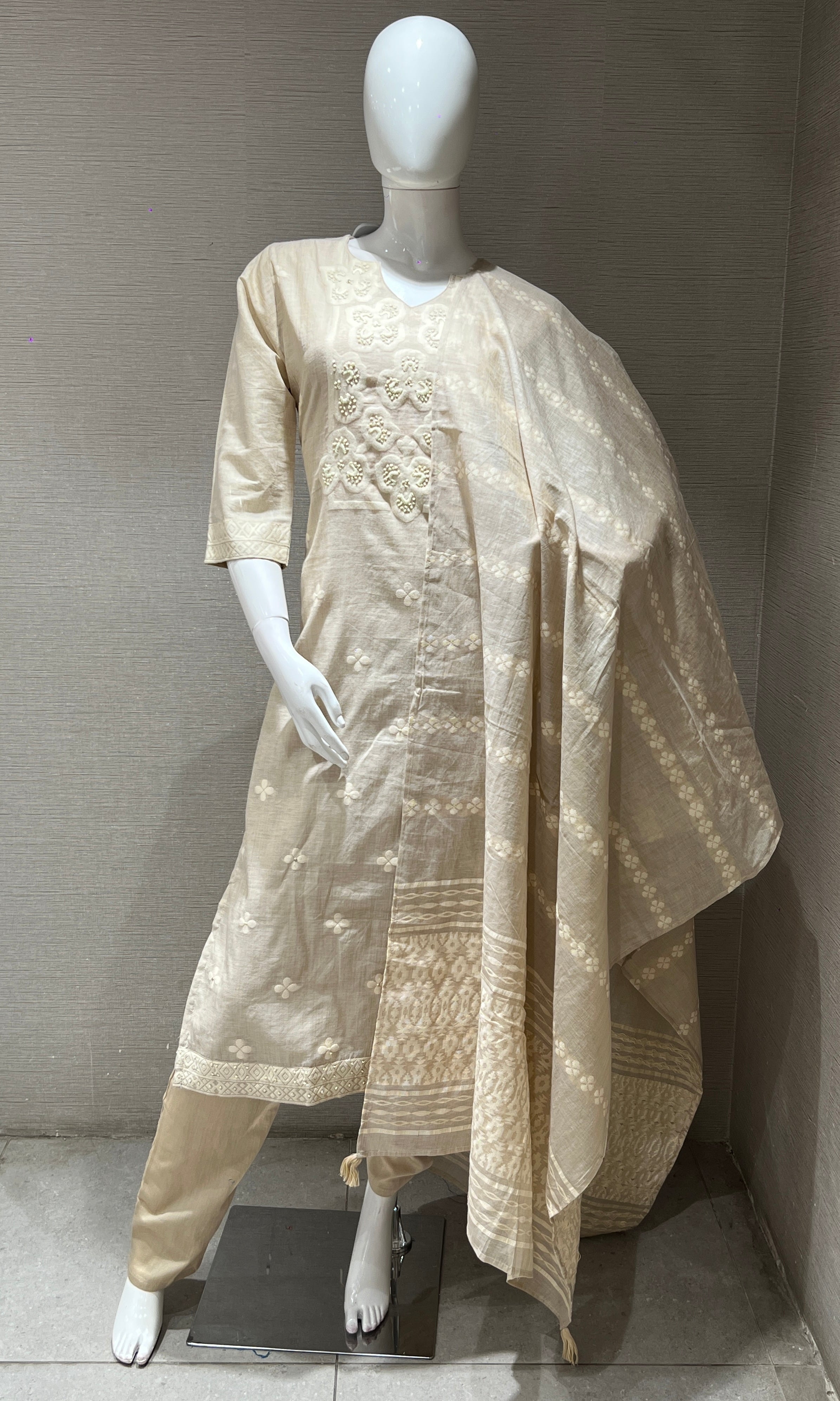 Cream Thread Embroidery Kurta Set