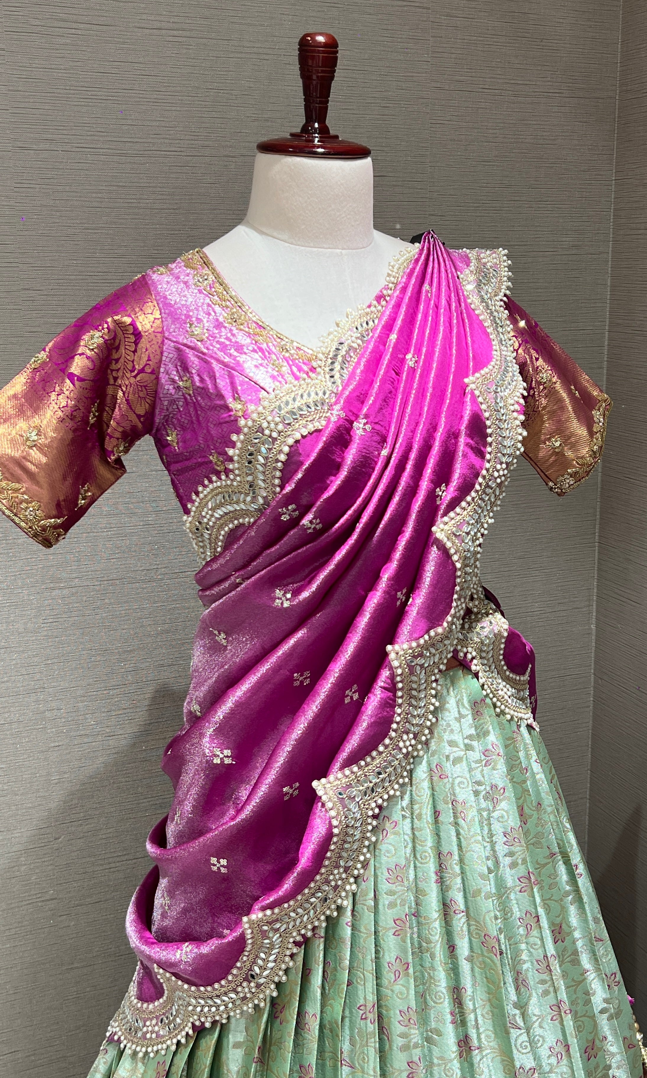 pink Lehenga with Pastel Mint Floral Weave