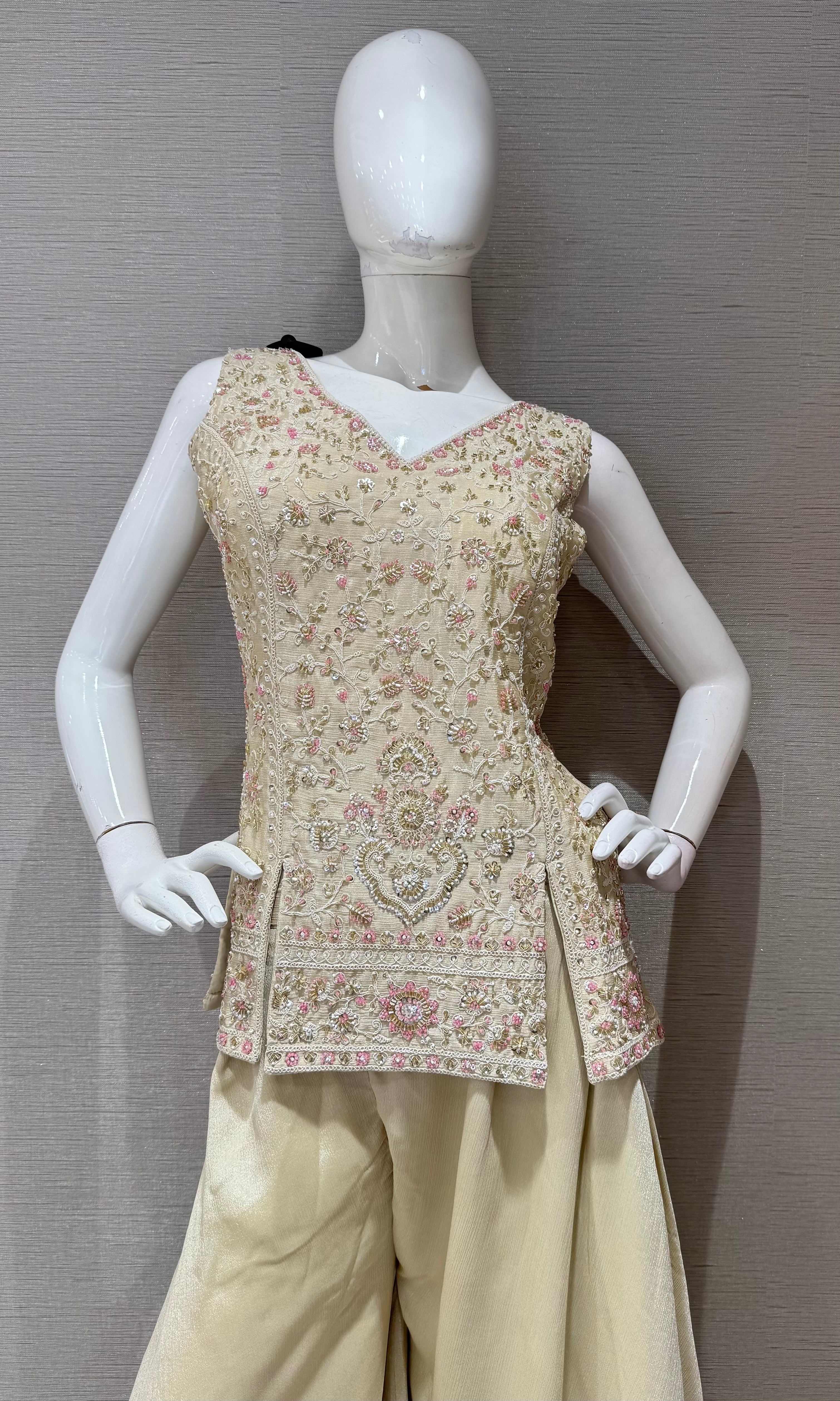 Cream Floral embroidered peplum palazzo set