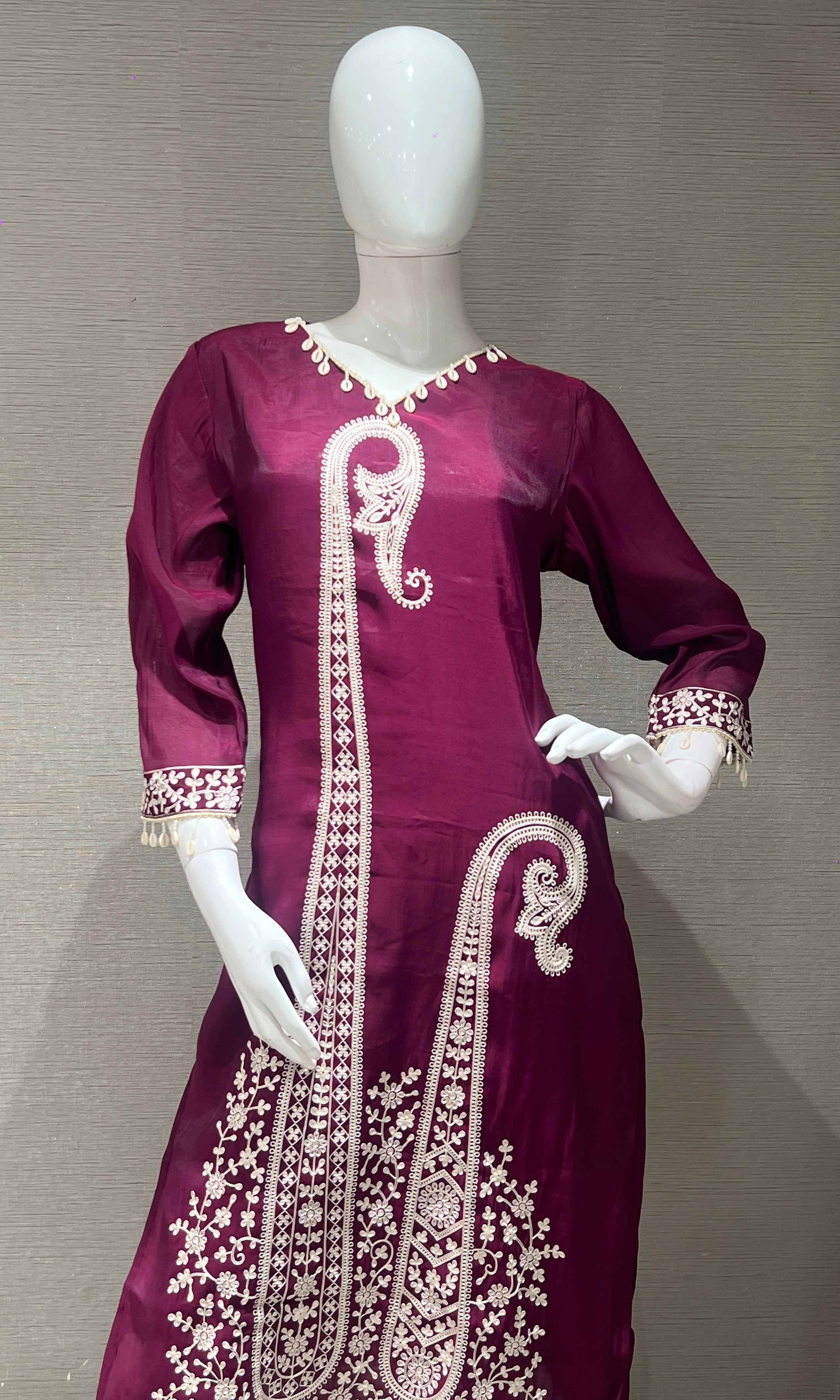 Wine Thread Embroidery Kurta Set