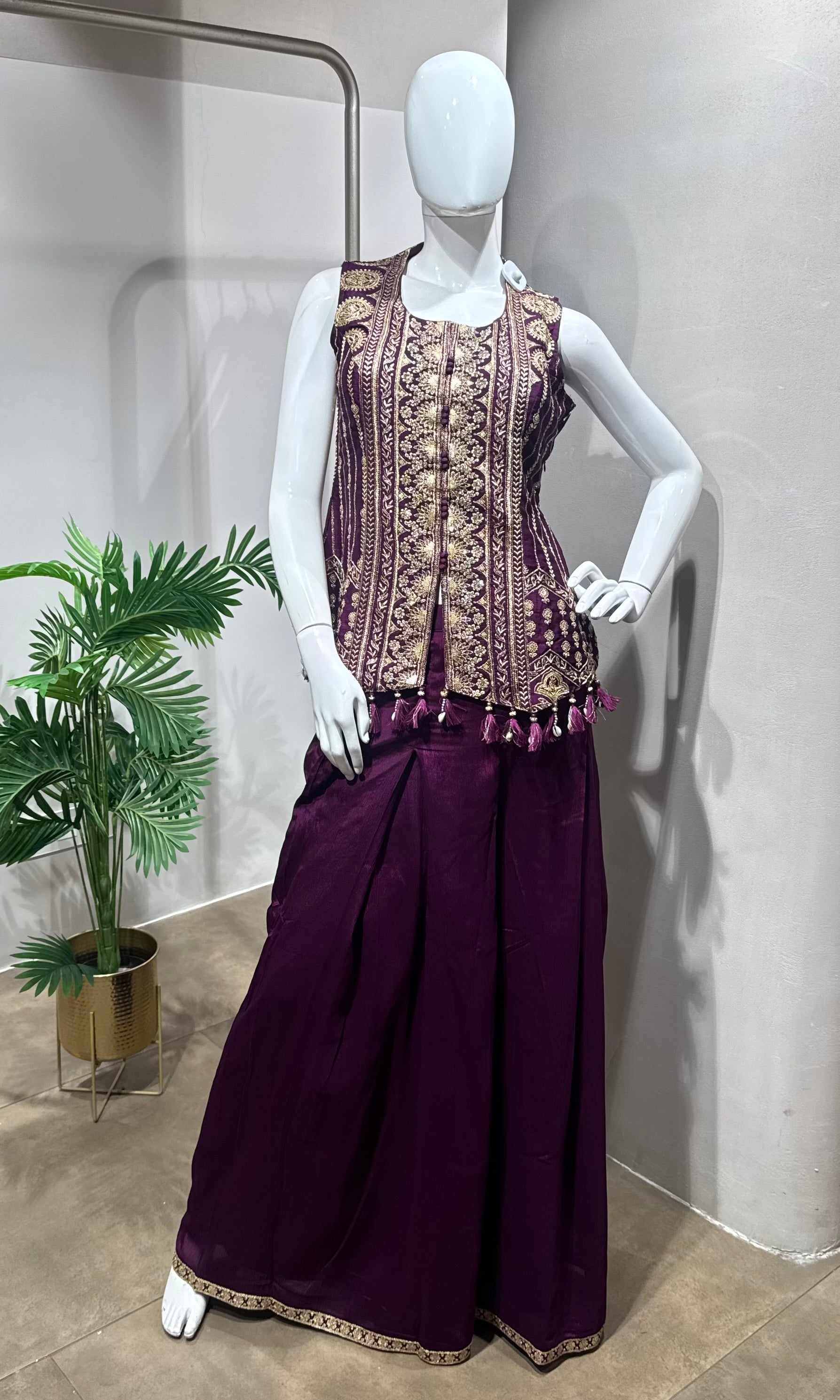Wine Embroidered Indo-Western Palazzo set