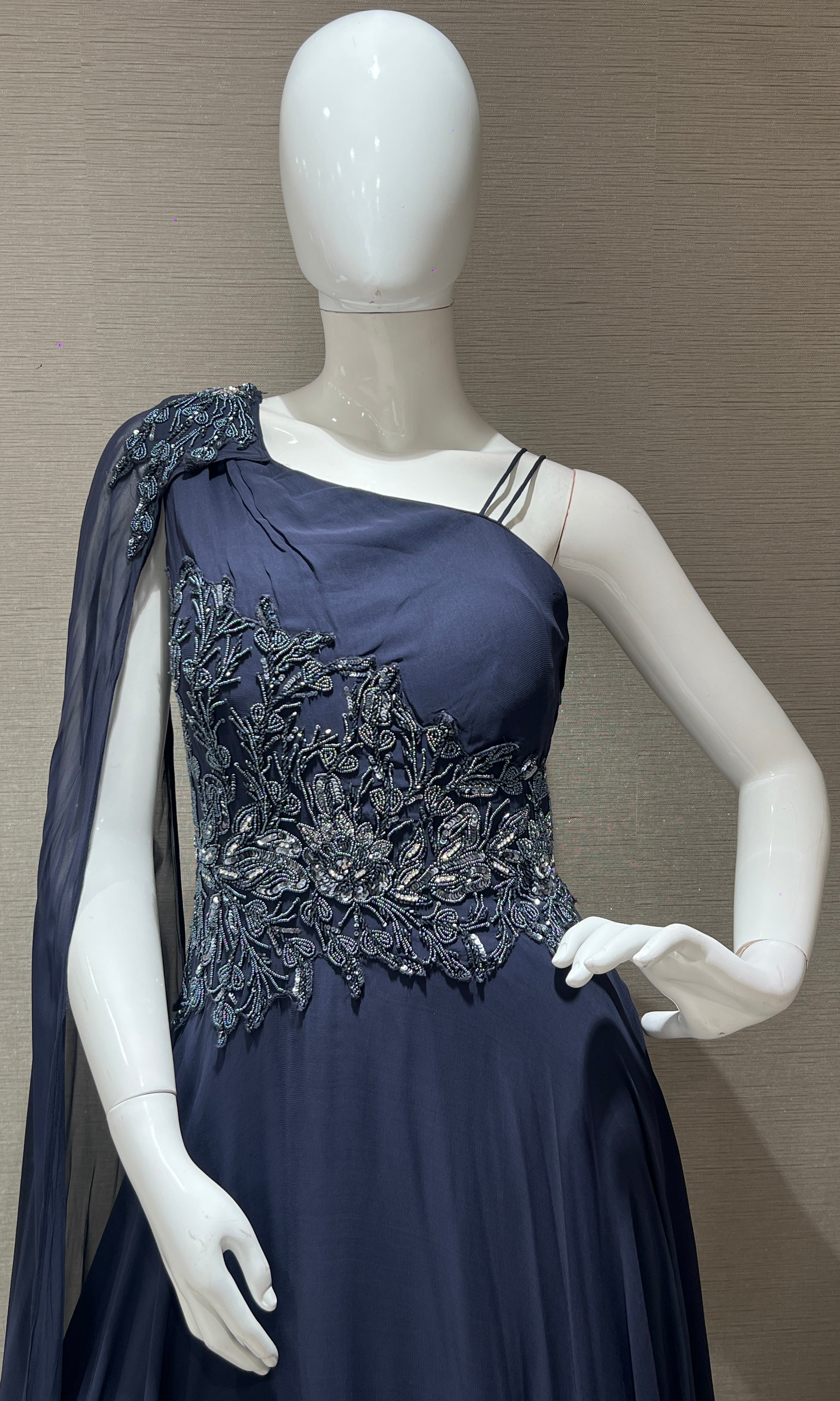 Navy blue long dress with butterfly one shoulder sleeve