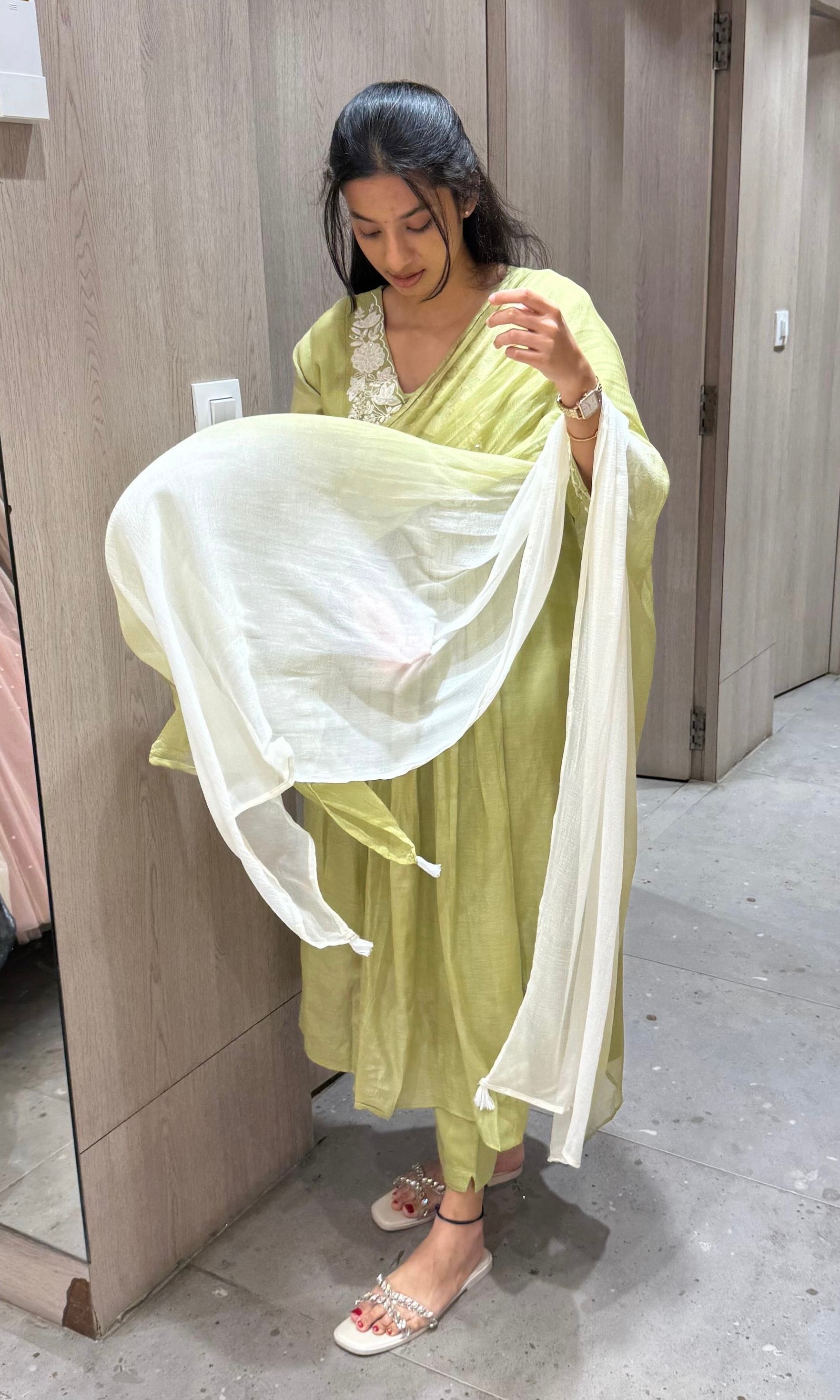matcha green MUL CHANDERI anarkali kurta set