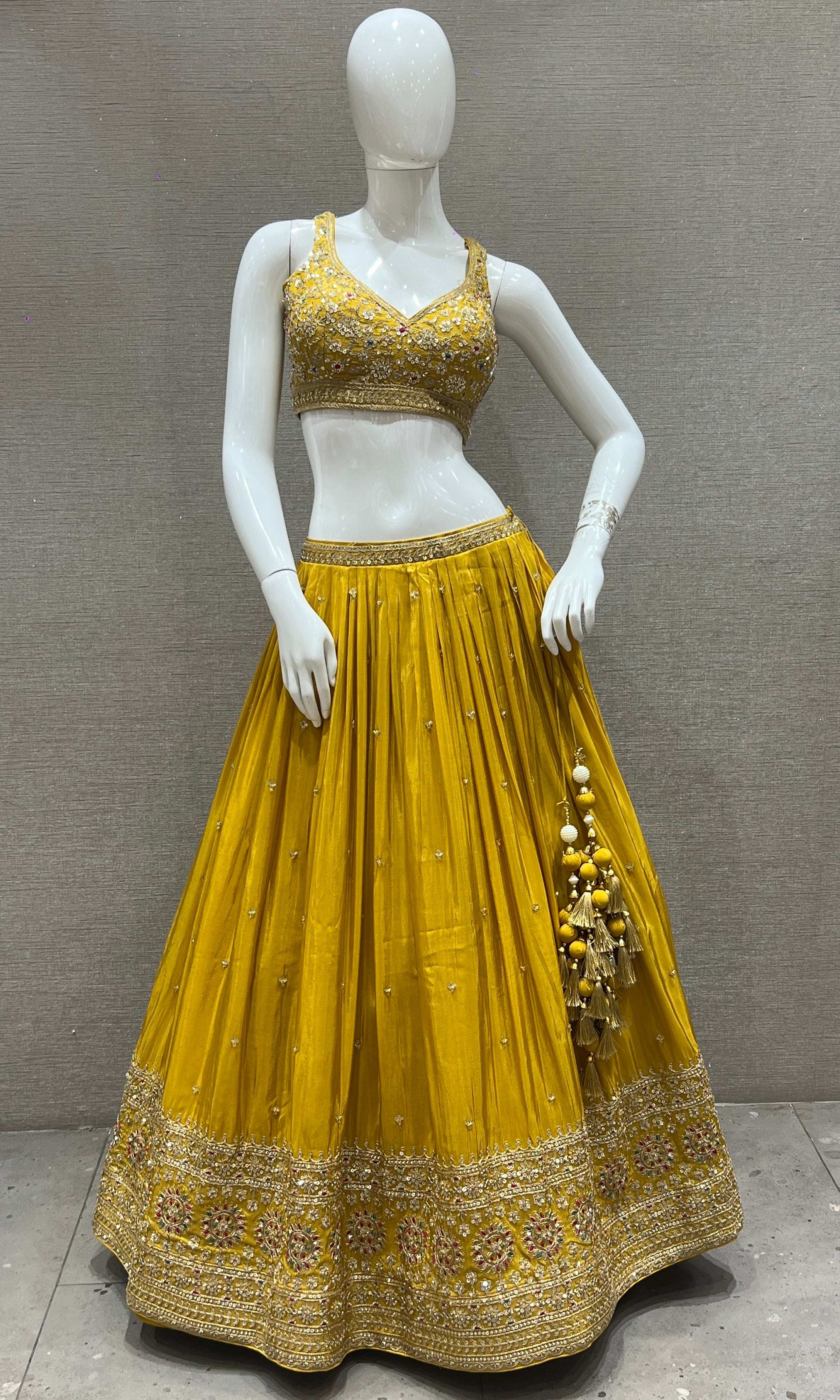Sunehri- Mustard Yellow Lehenga with Gold and Floral Embroidery Work