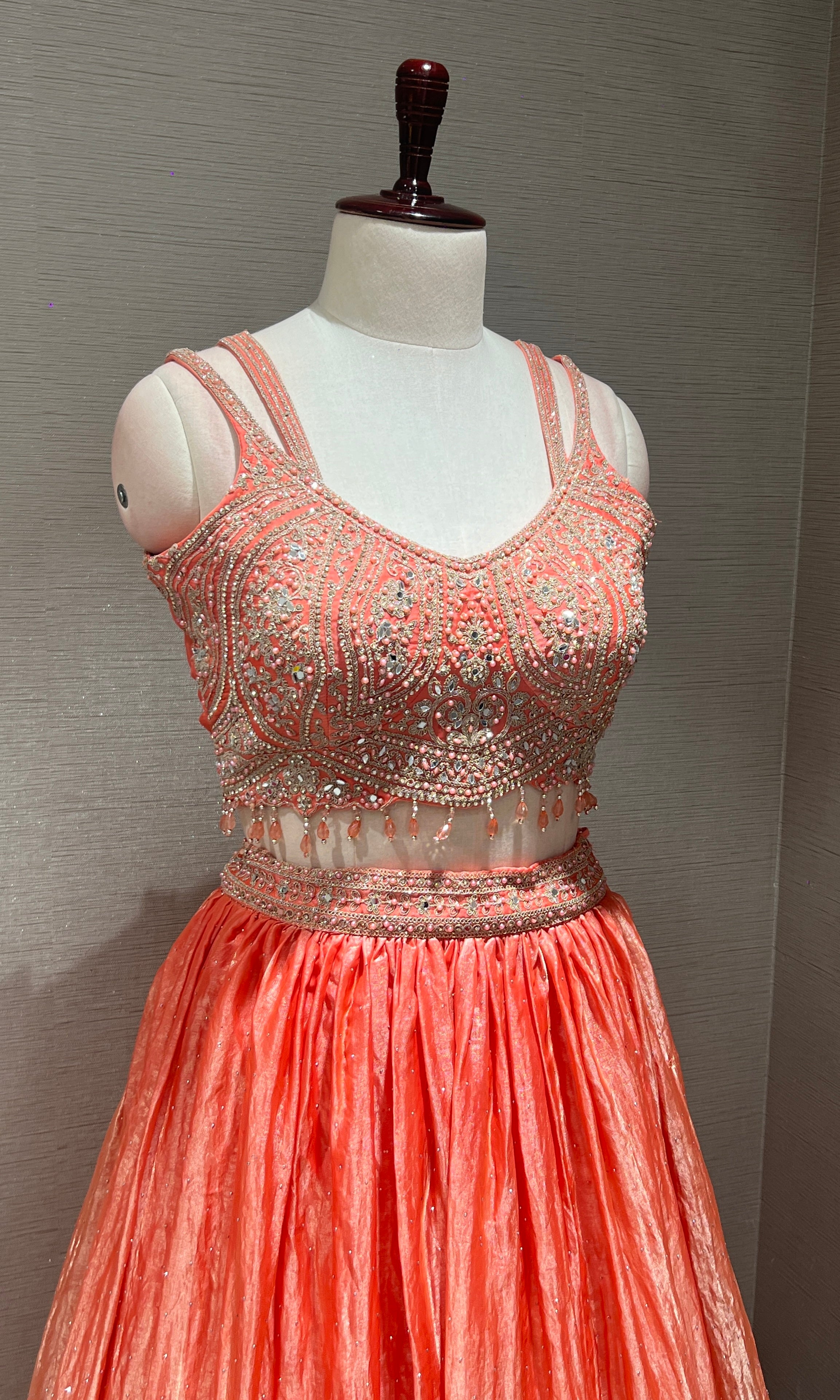 Peach embroidered silk Lehenga