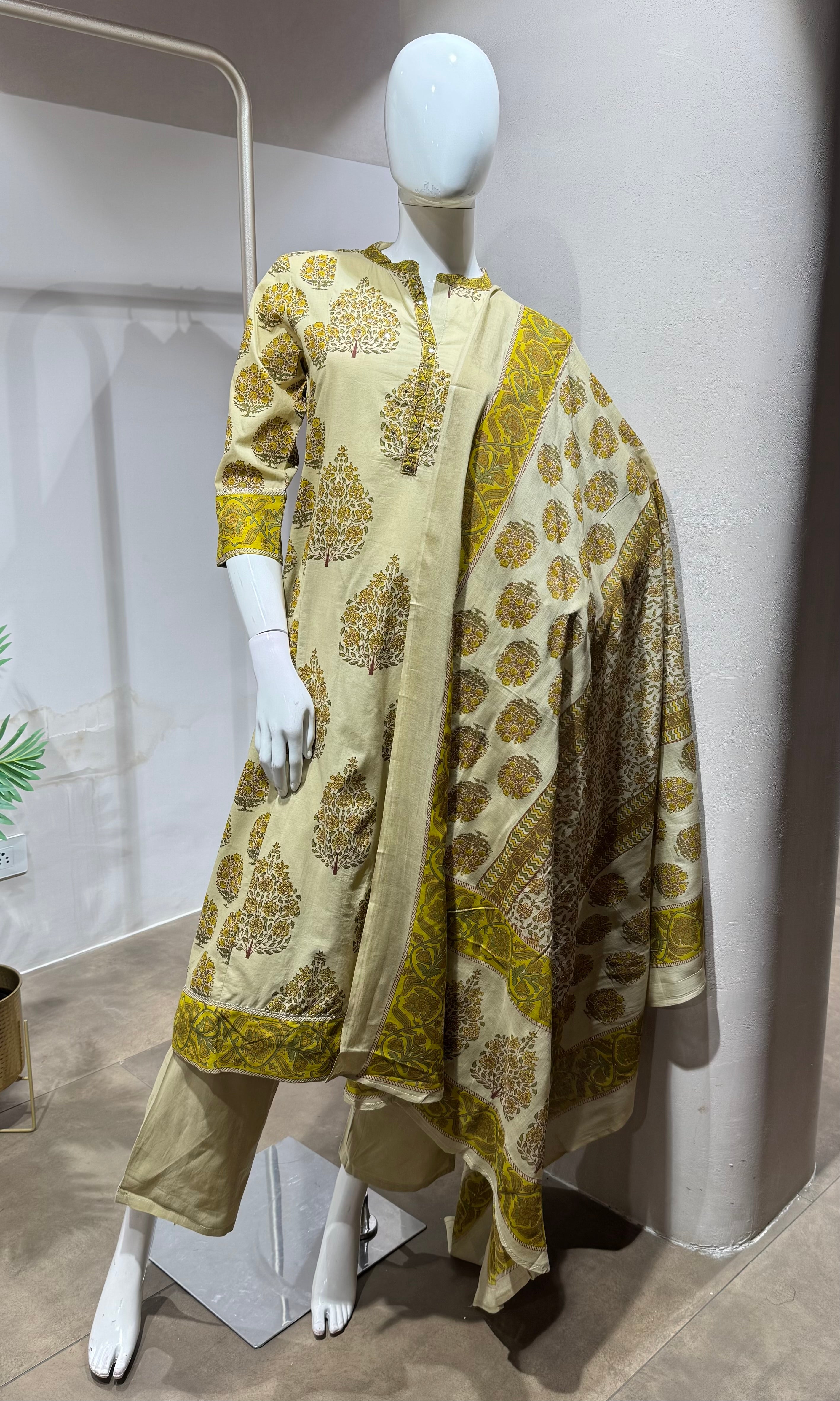 Yellow Floral Print Cotton Kurta Set with Dupatta
