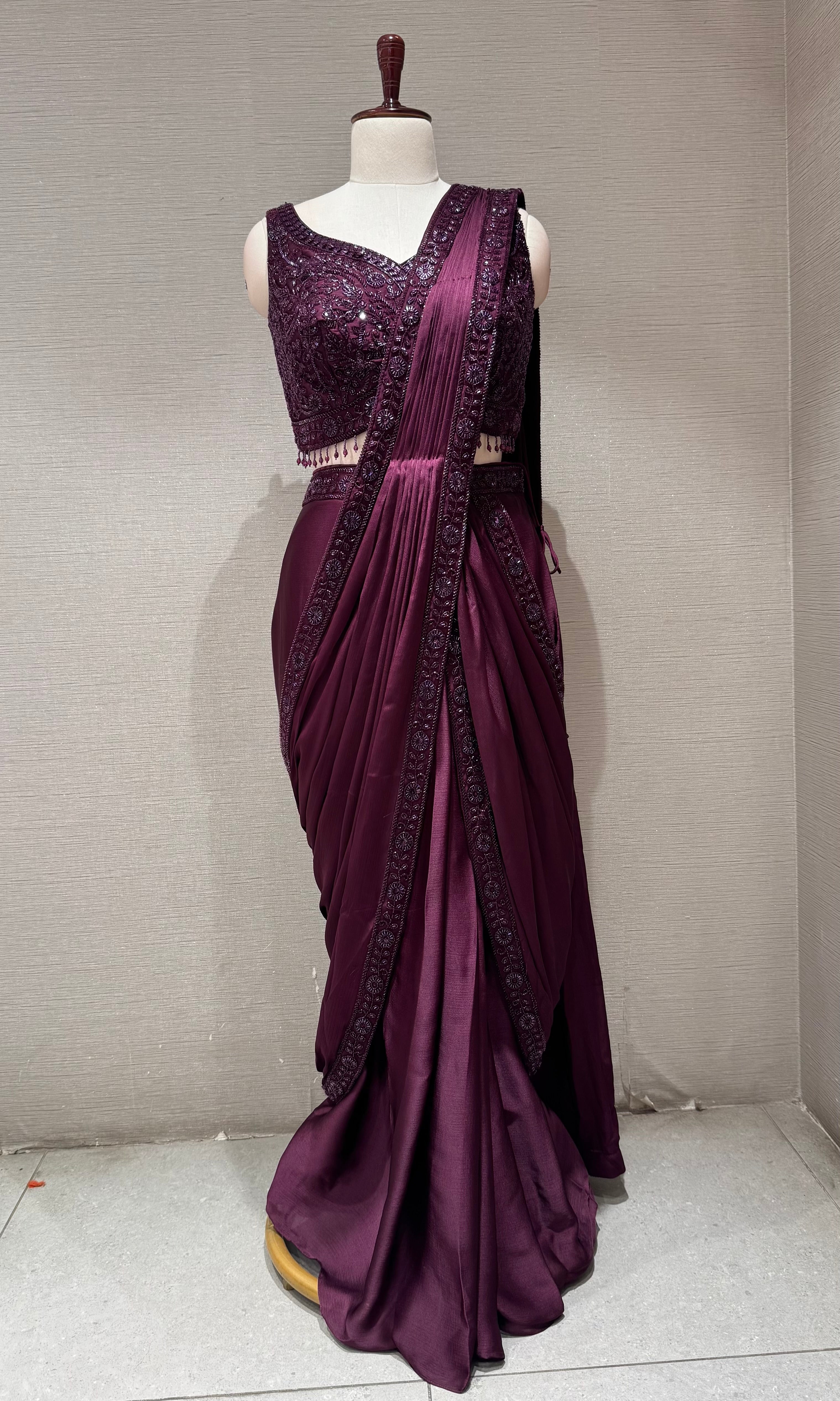 Royal Wine Embellished Saree with blouse