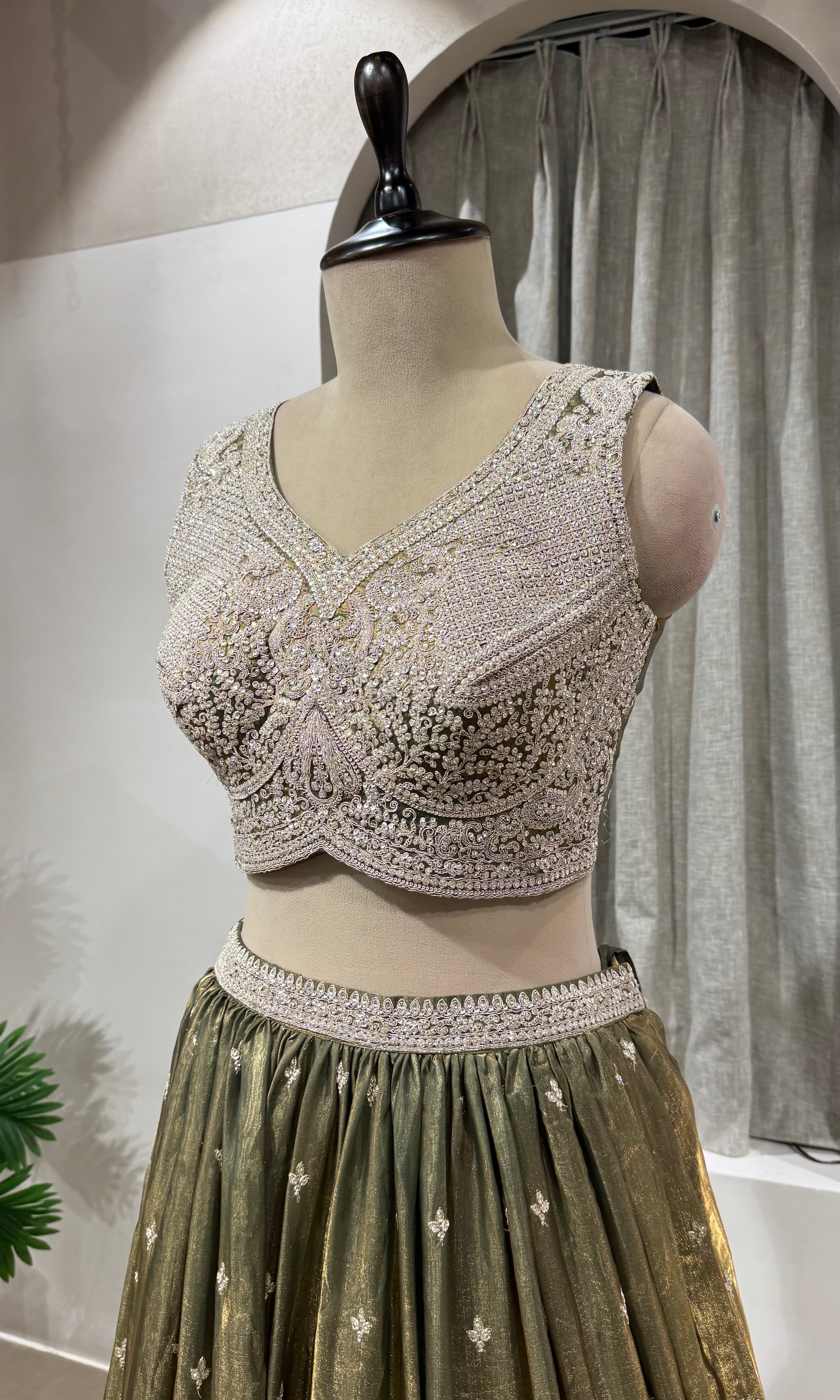 Green Shimmer Silk Lehenga with Silver Embroidery