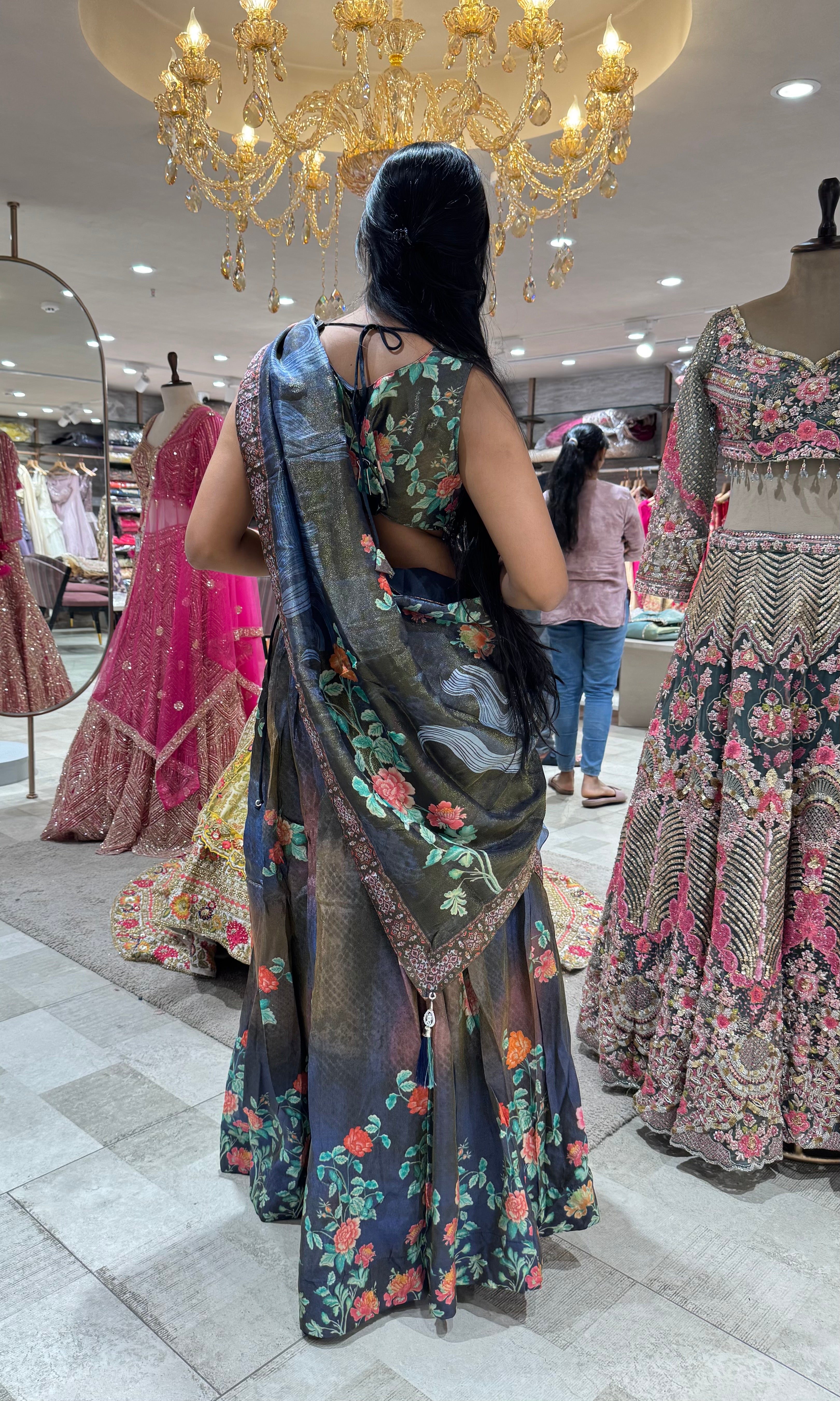 NAVY BLUE Artistic Crepe Saree Floral Motifs and Embellished Border