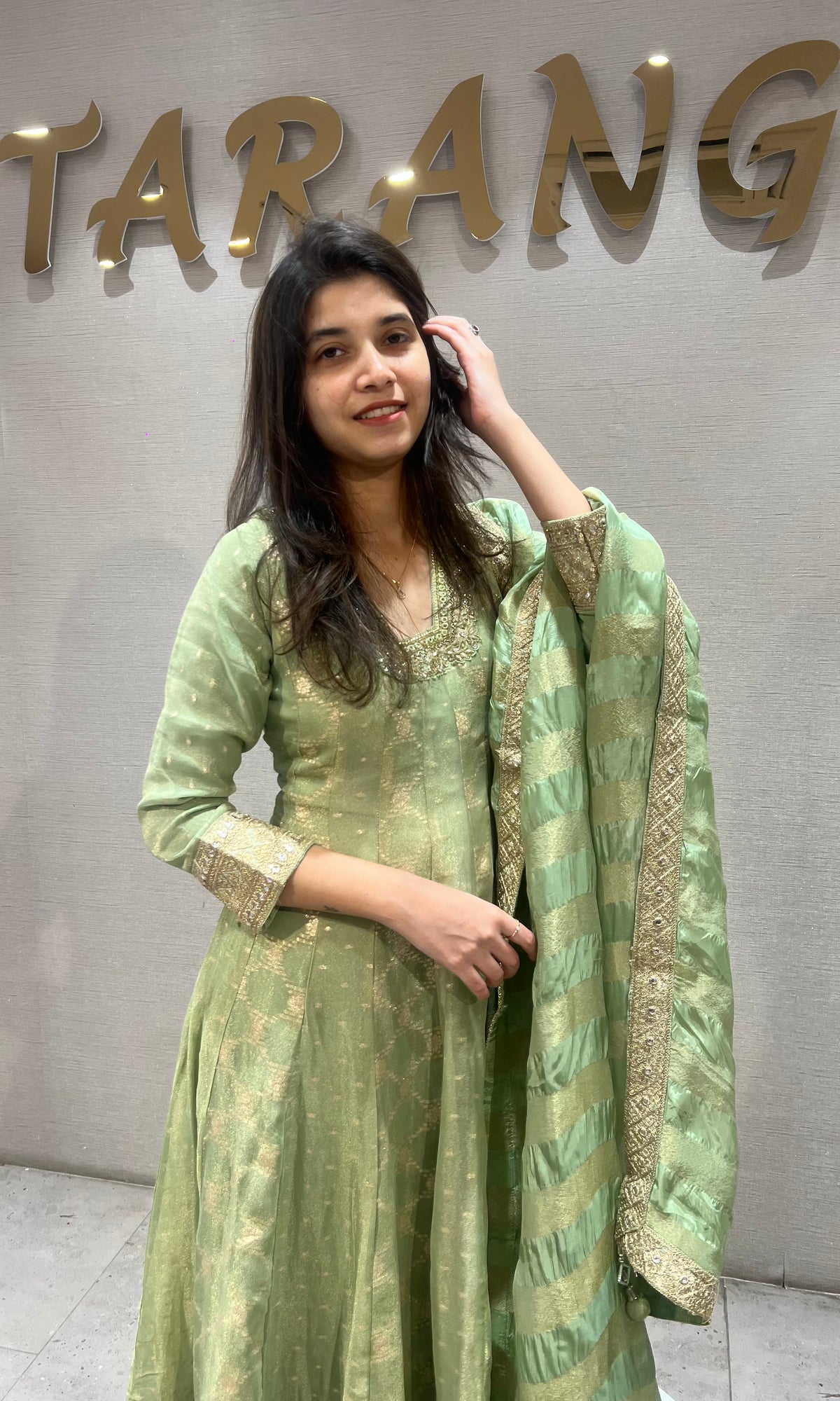 Pista Green silk Anarkali Set Golden Embroidery with Dupatta