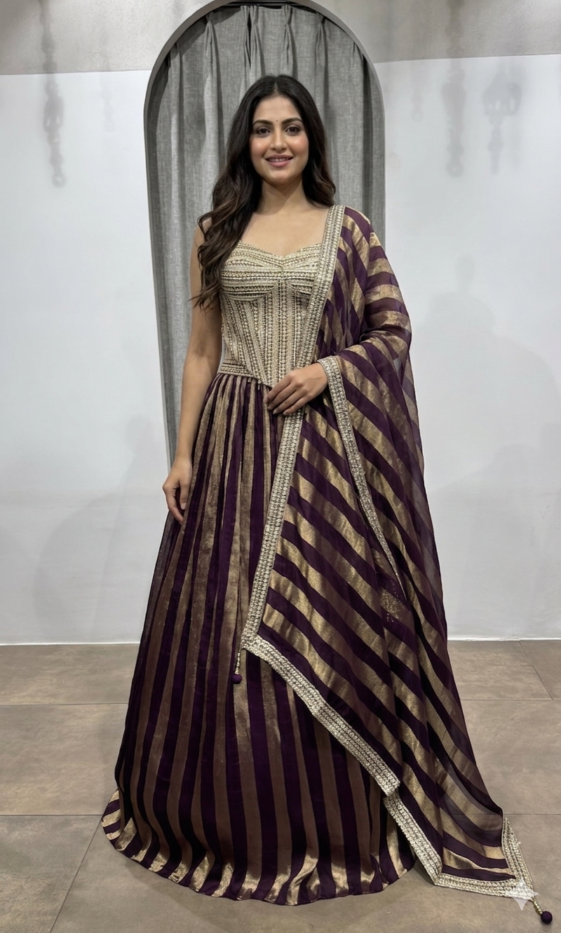 wine and gold striped corset lehenga