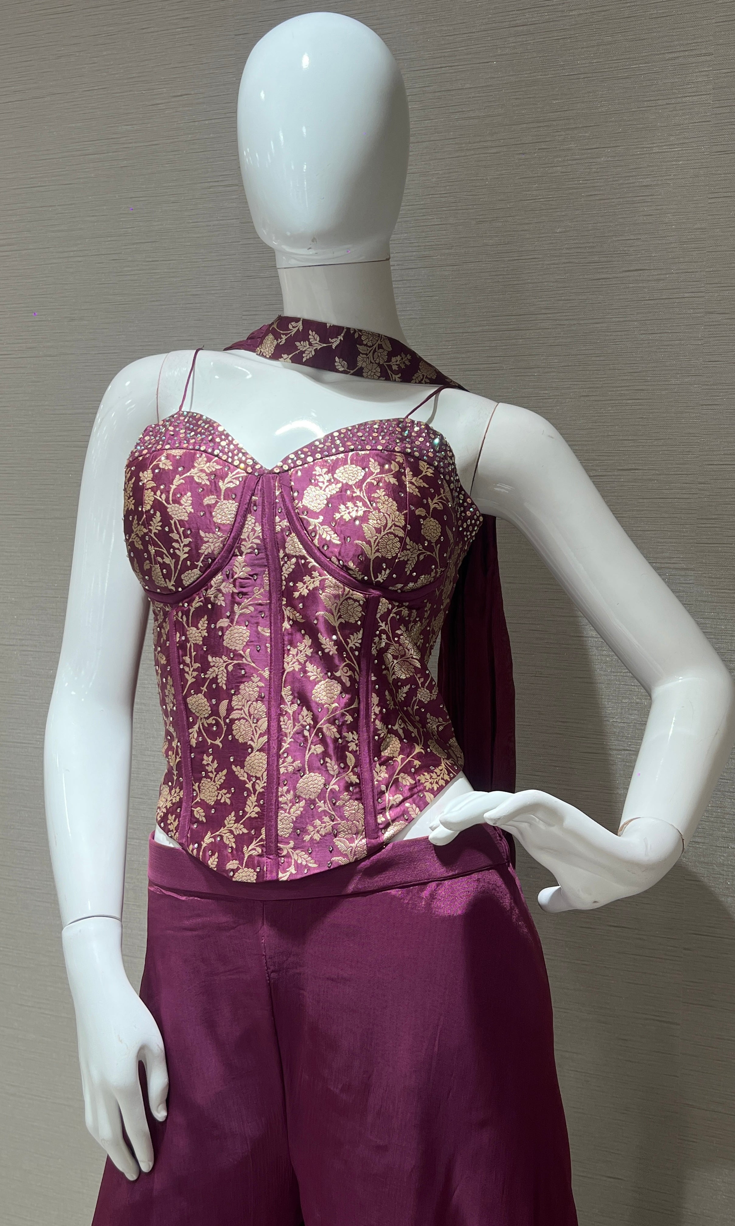 Wine Embroidered Corset Palazzo