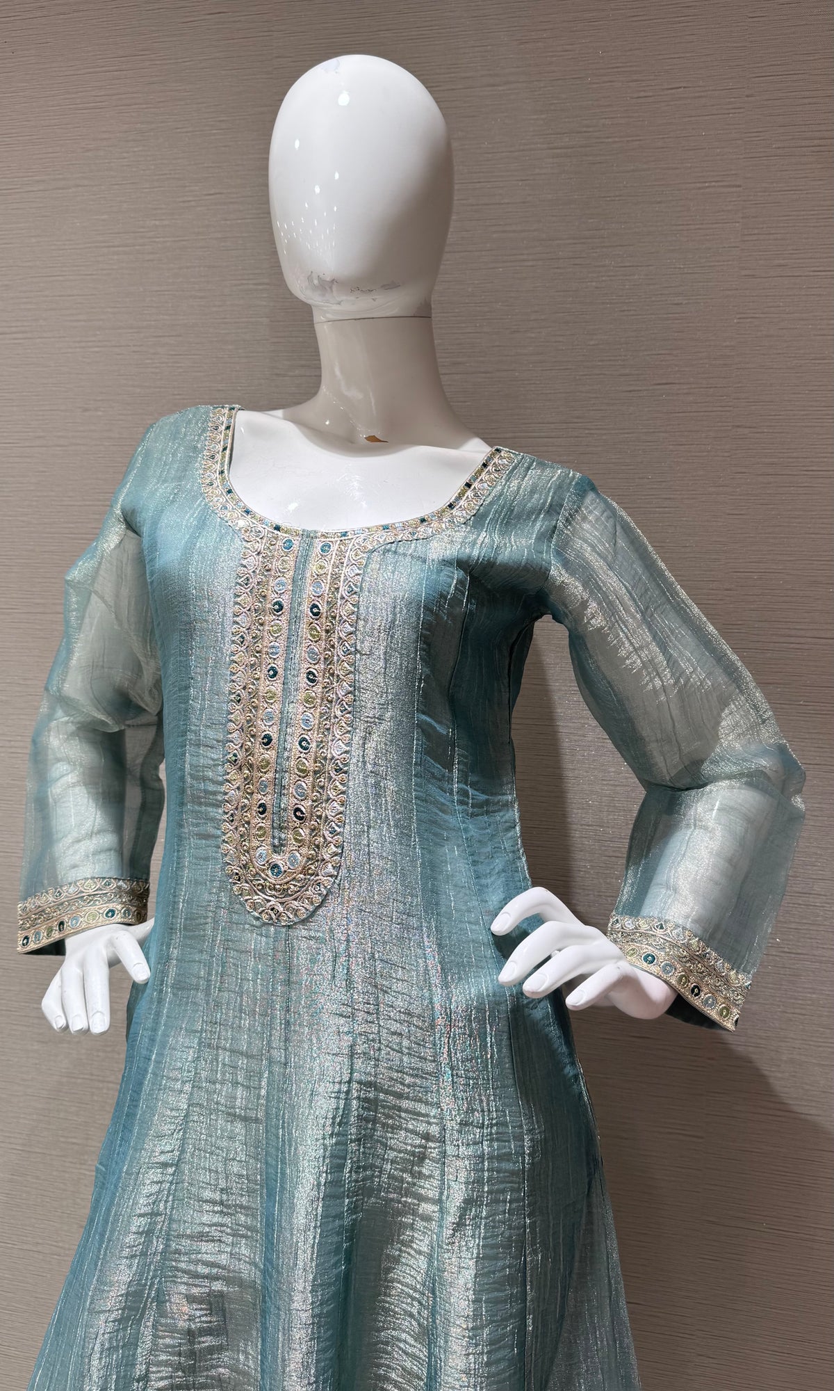 blue embroidered Tissue anarkali Set with floral dupatta