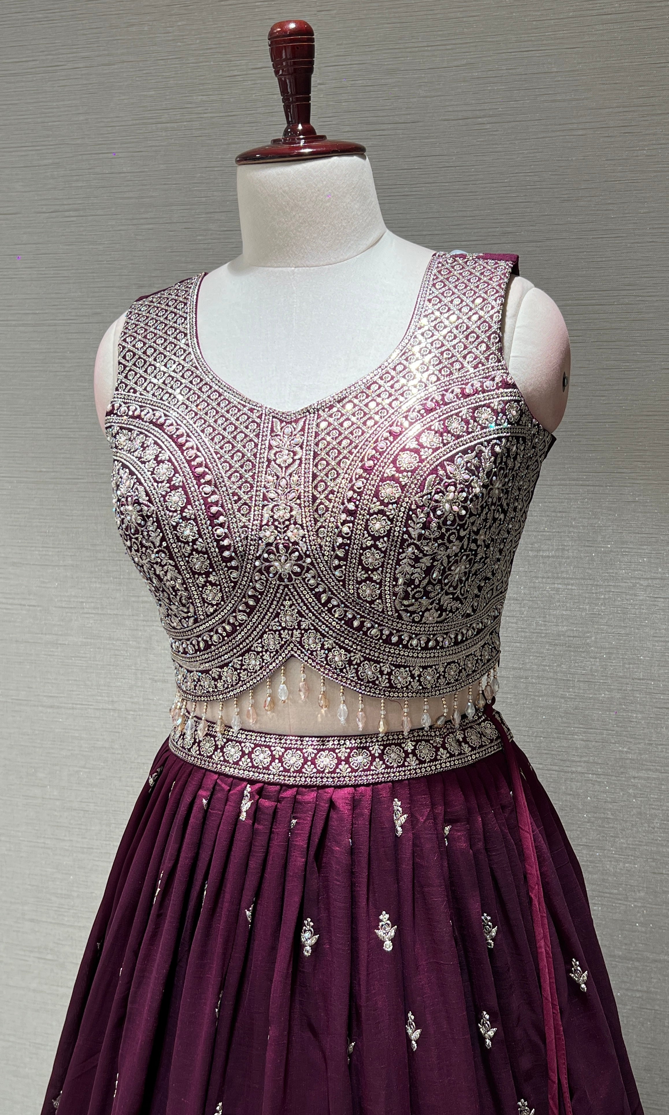 Wine Heavy Mirror Embroidered Lehenga