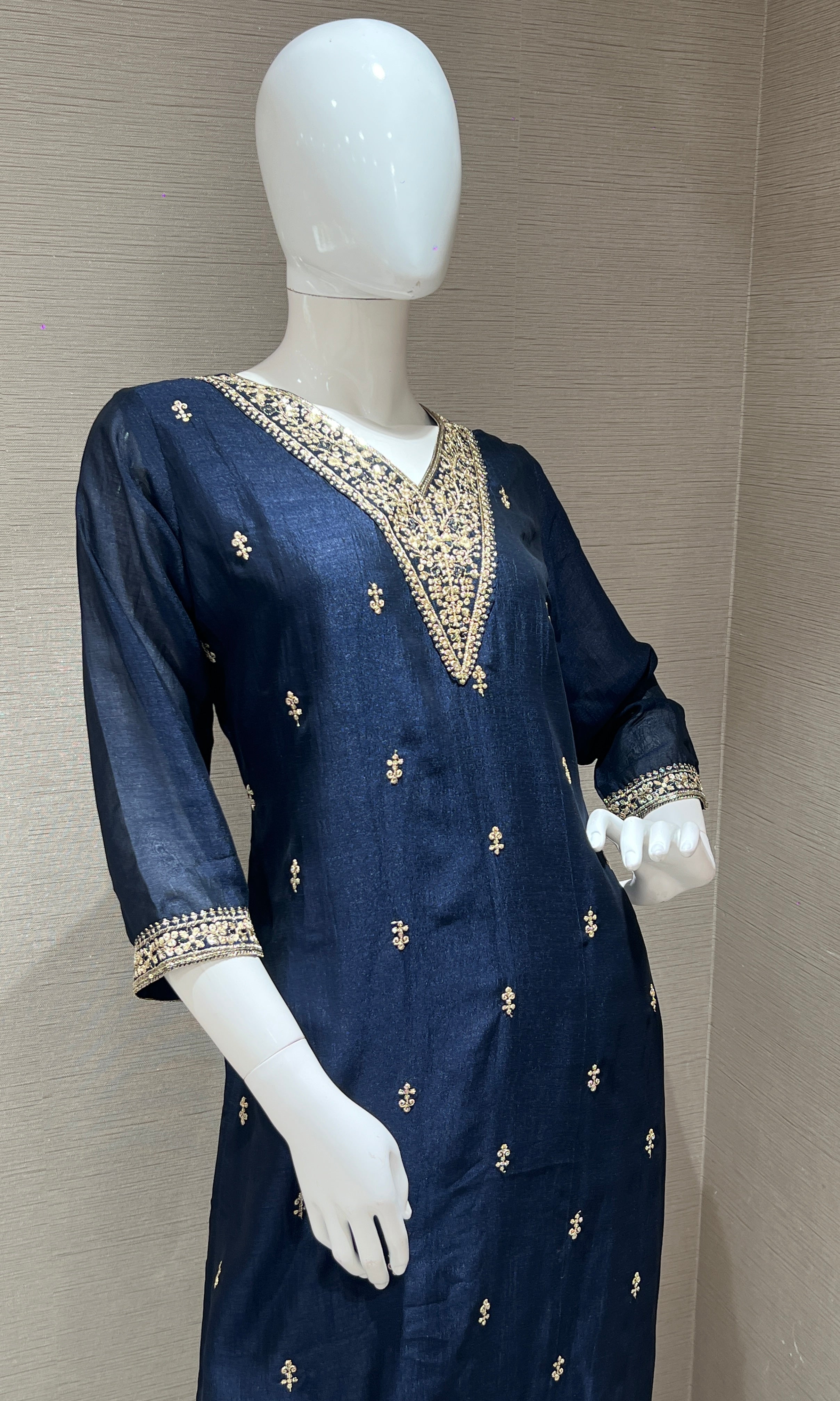 Navy blue kurta set with contrast gold duppatta