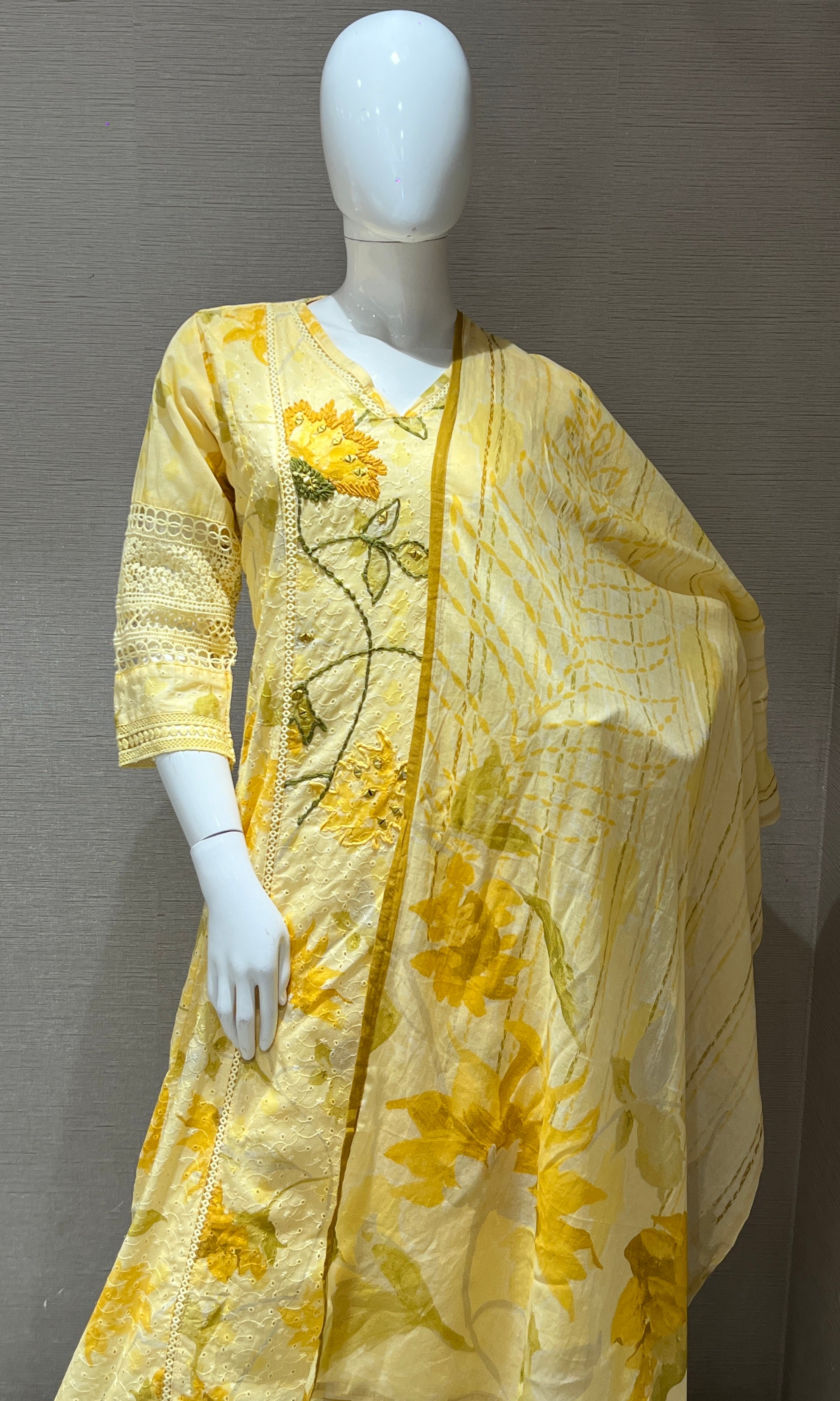 Yellow floral kurta with wide leg pants