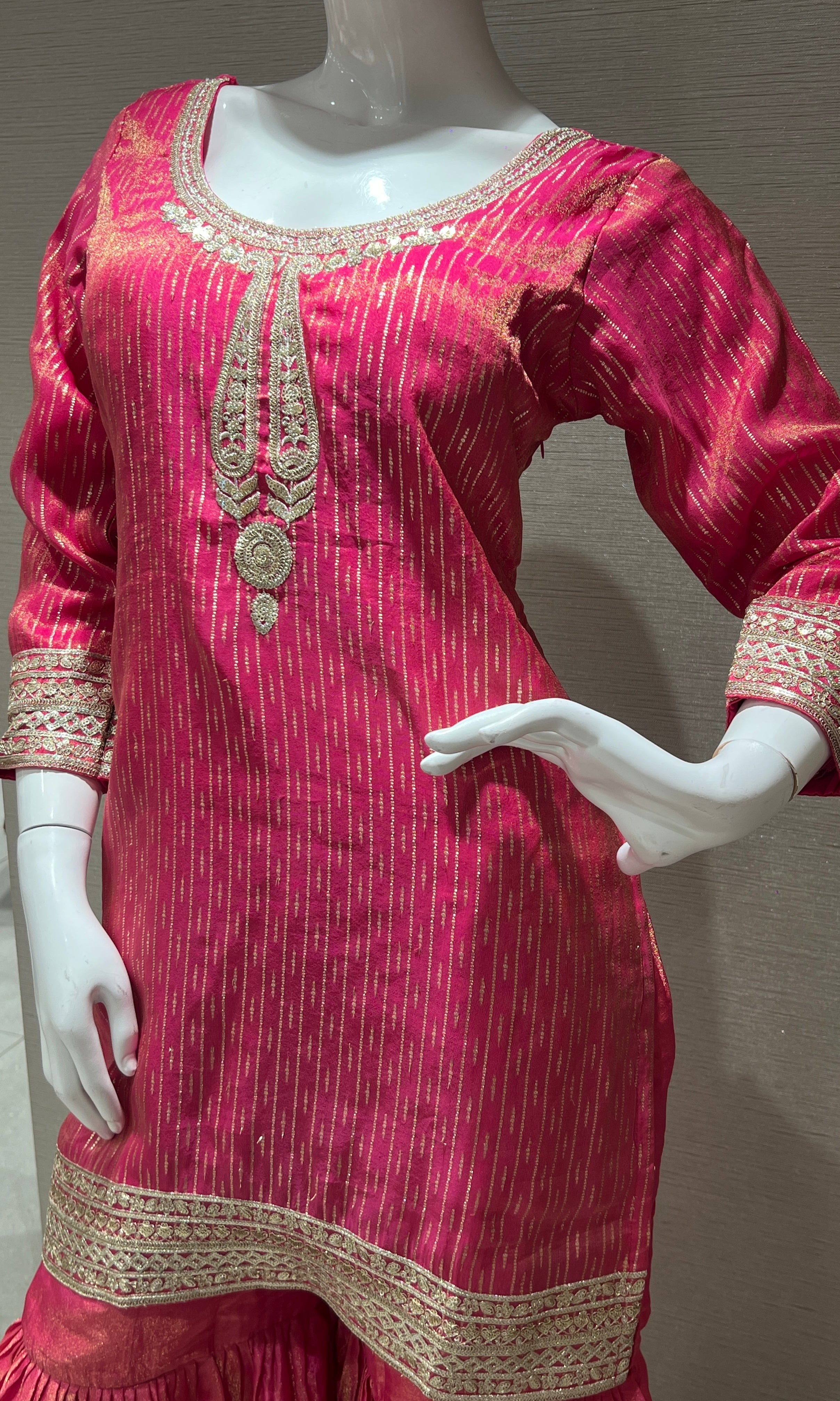 Pink gold embroidered sharara set with floral dupatta