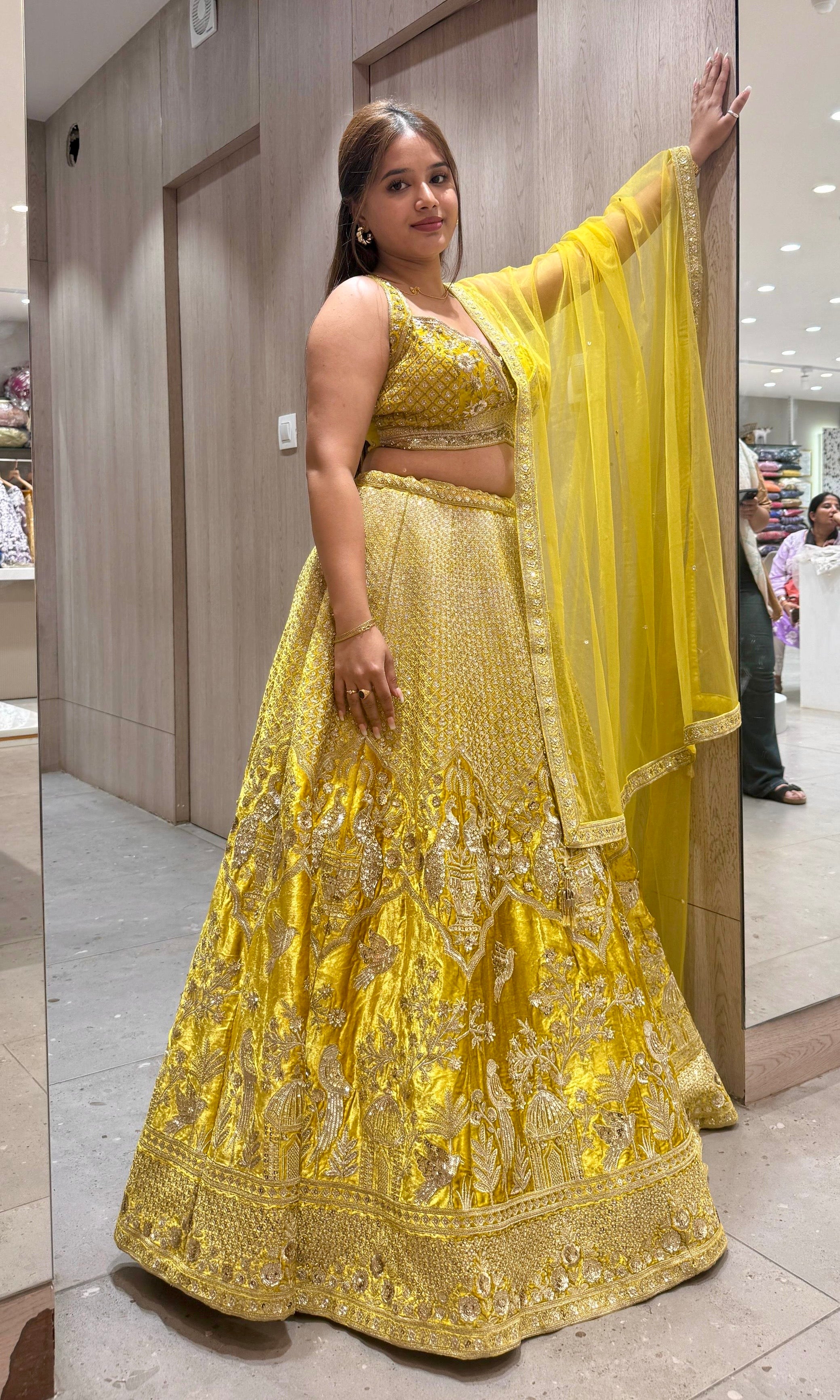 Yellow Pure Velvet Lehenga with Antique Gold Zardozi Work