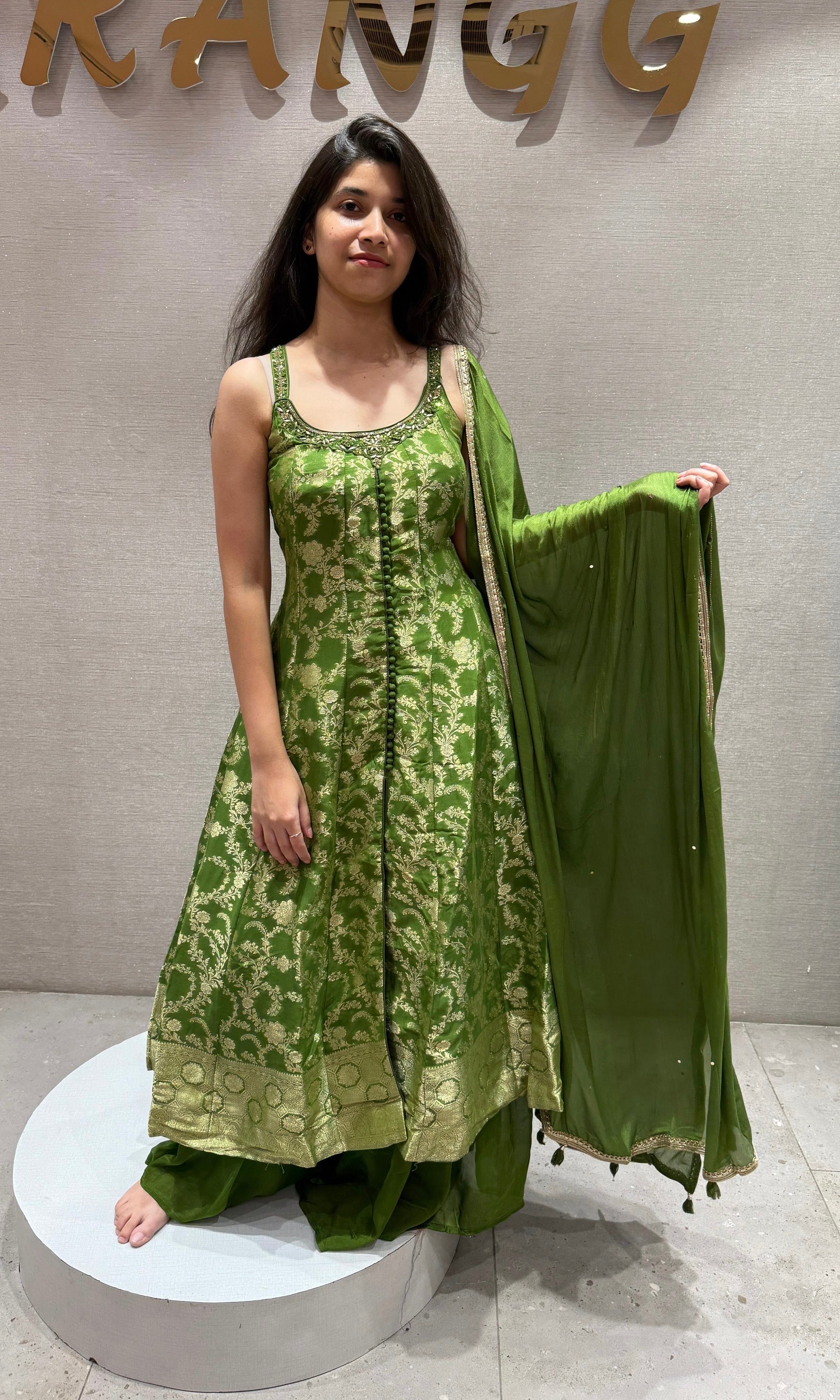Green Banarasi Front Slit Anarkali