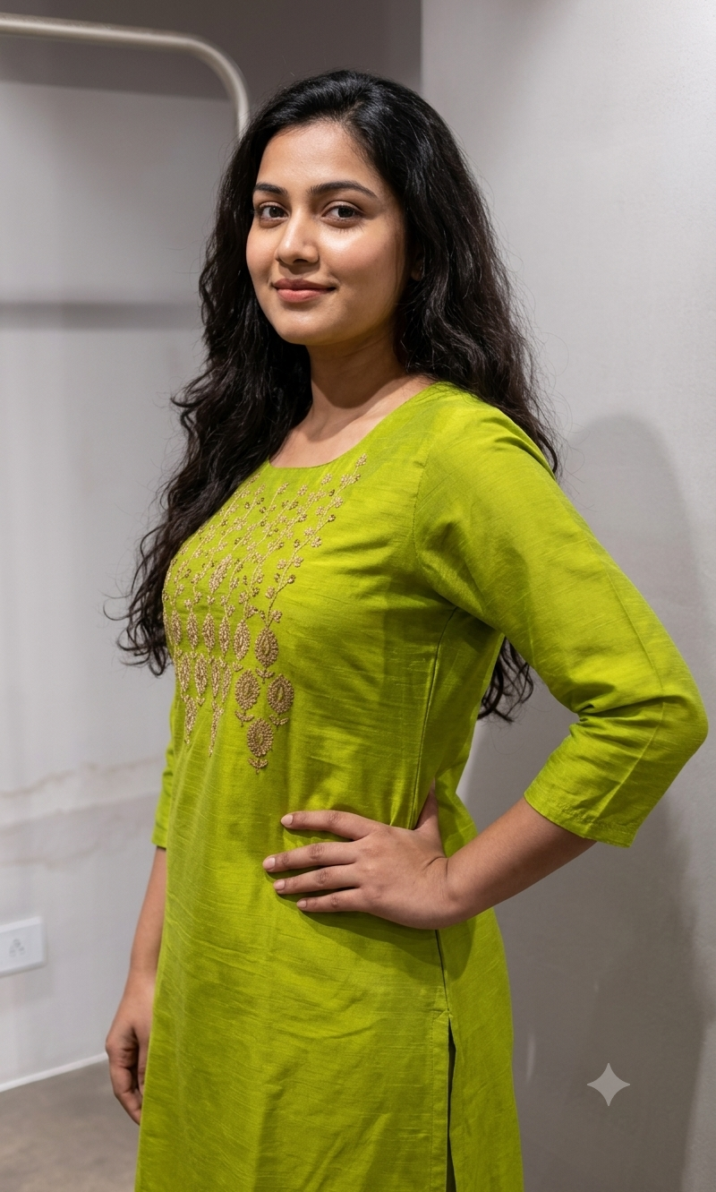 Lime Green Embroidered Silk Kurta set