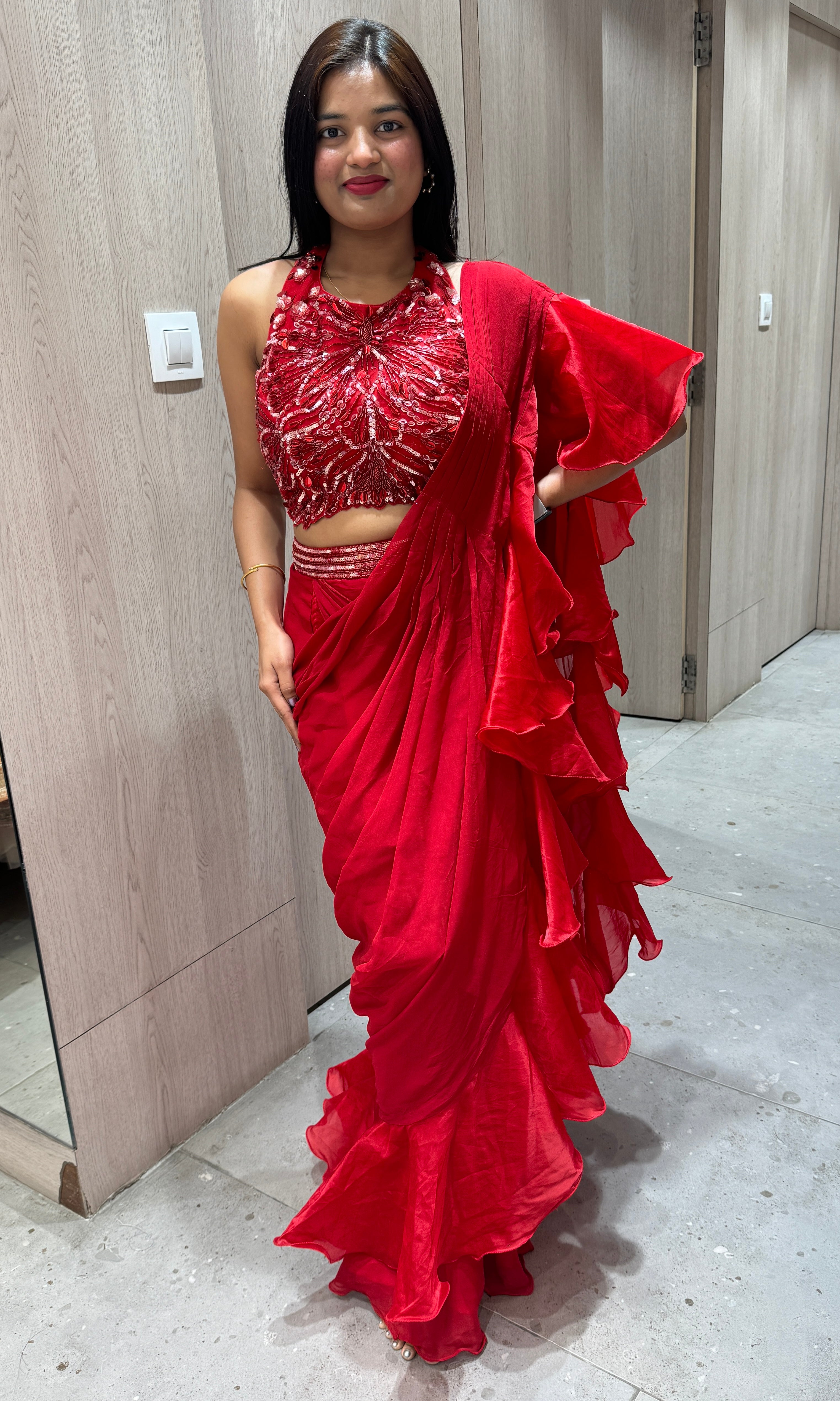 Red Ruffle Drape Saree with Halter Blouse