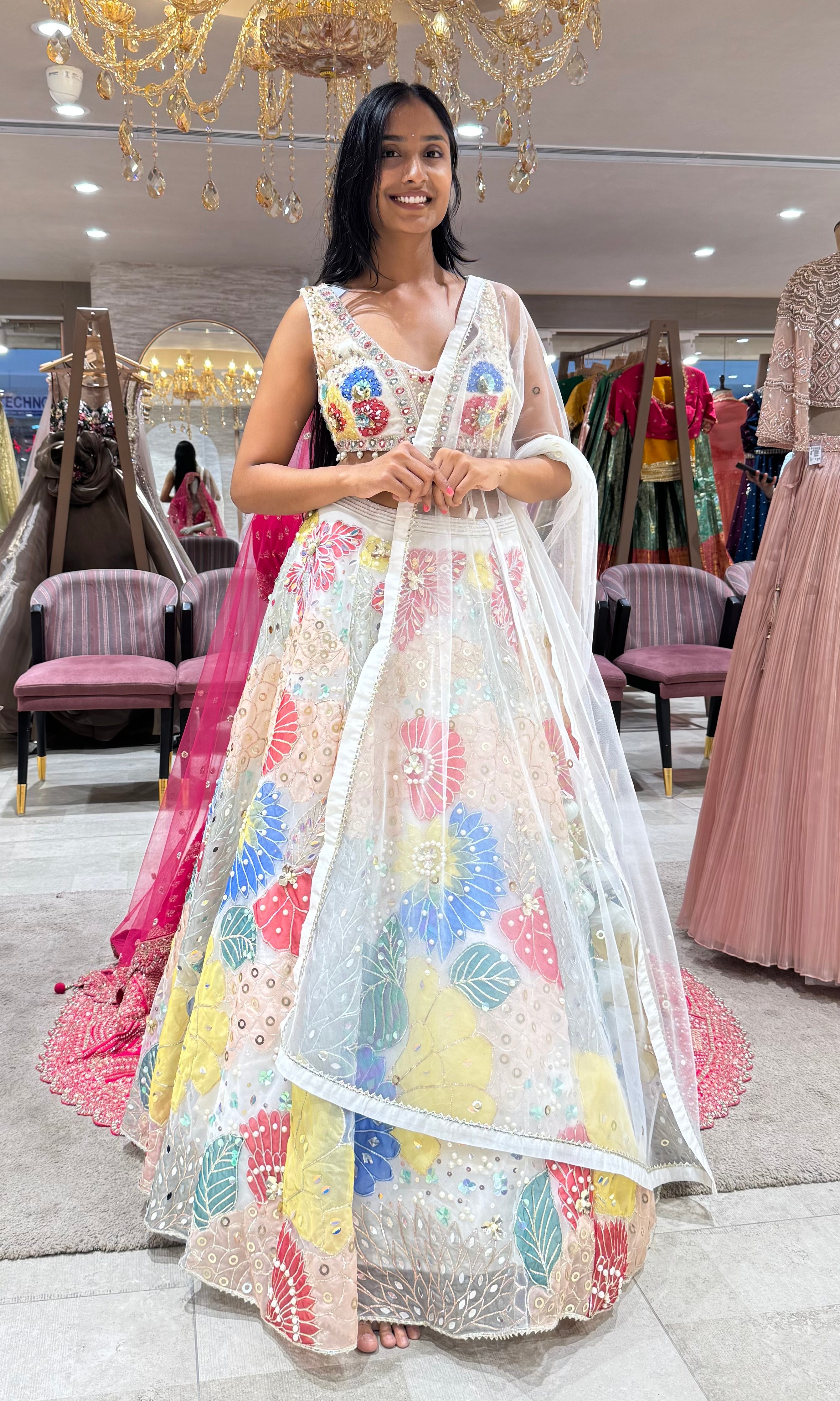 WHITE MULTI FLORAL EMBROIDERED LEHENGA