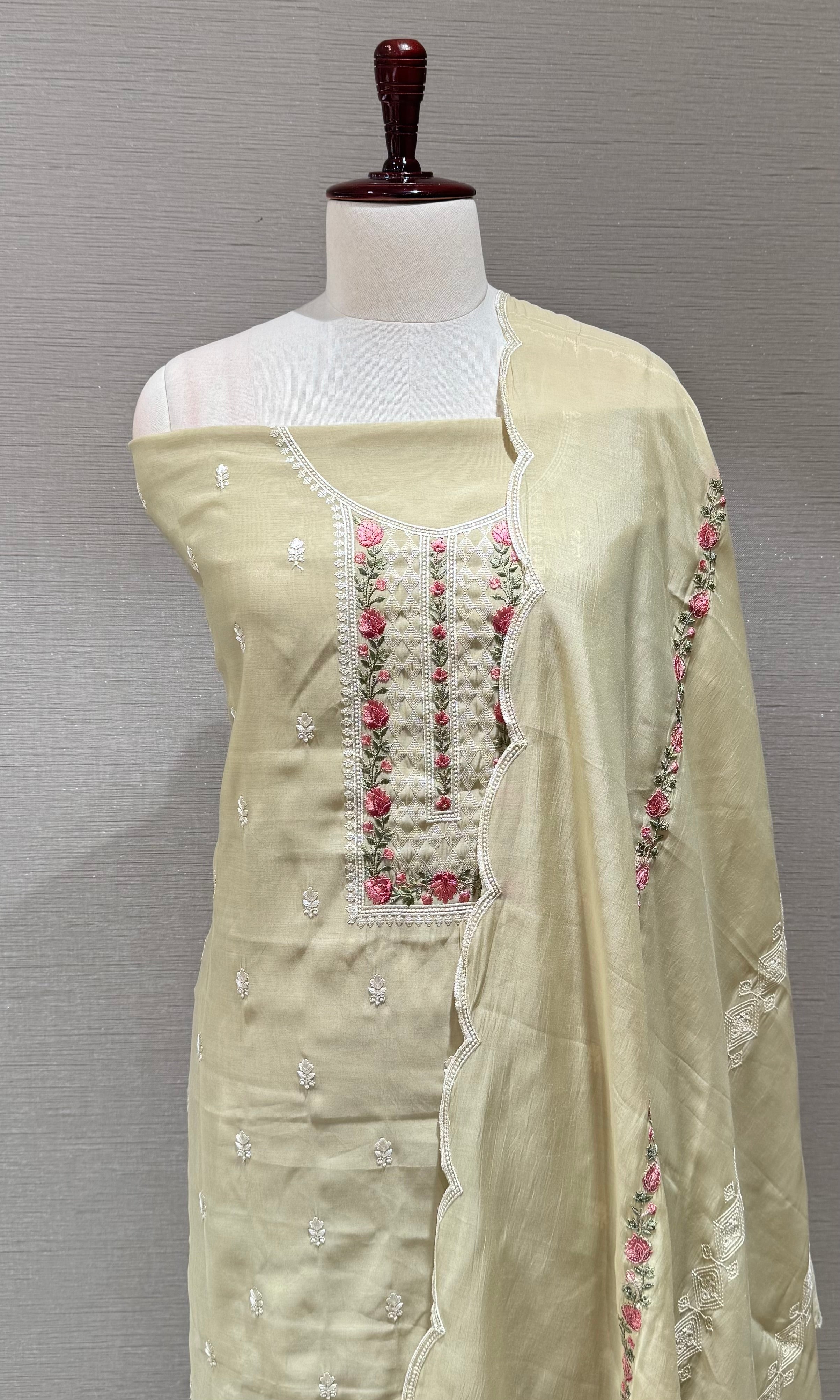 Olive Green floral embroidery dress material
