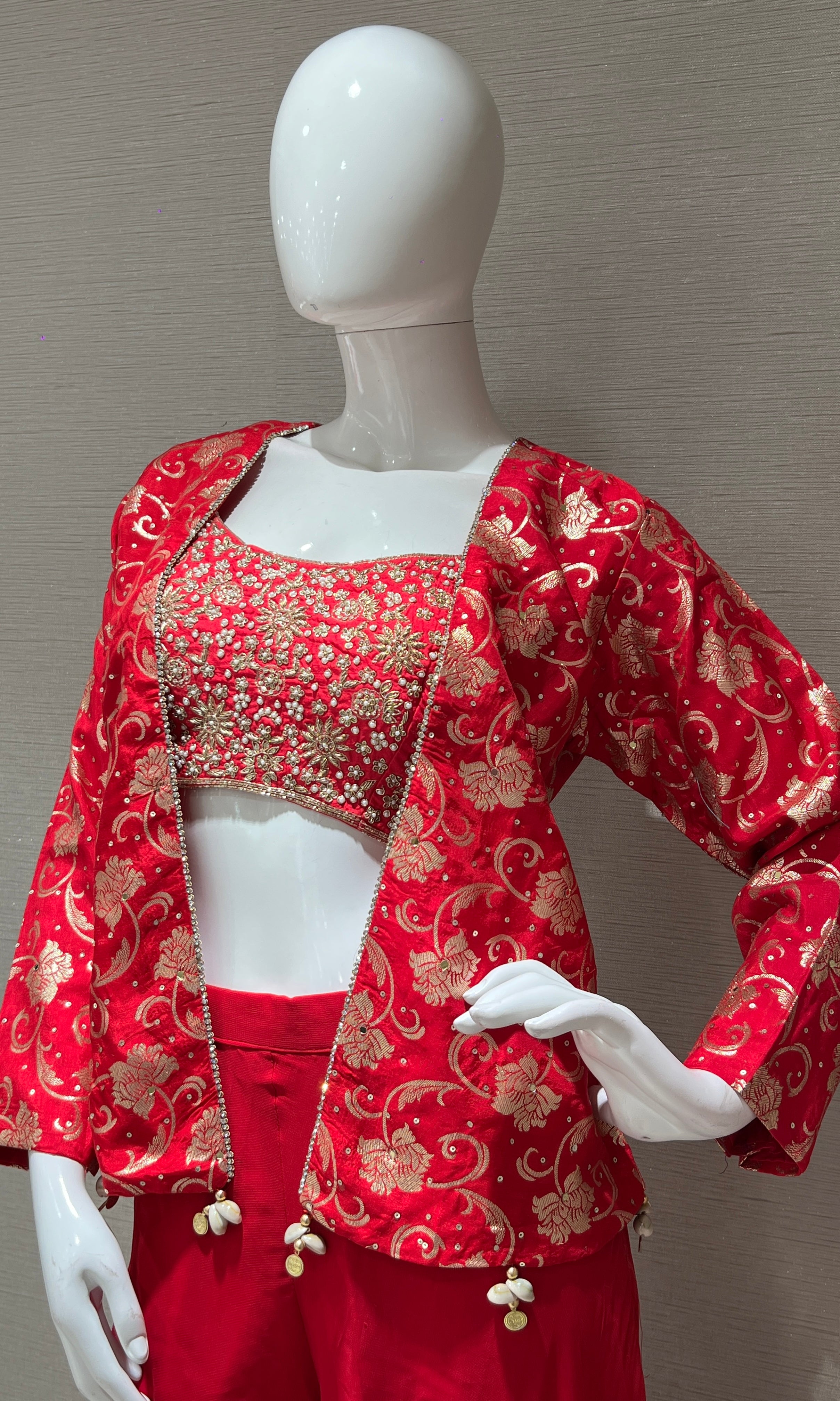 Pink Embroidered Top With Jacket Palazzo