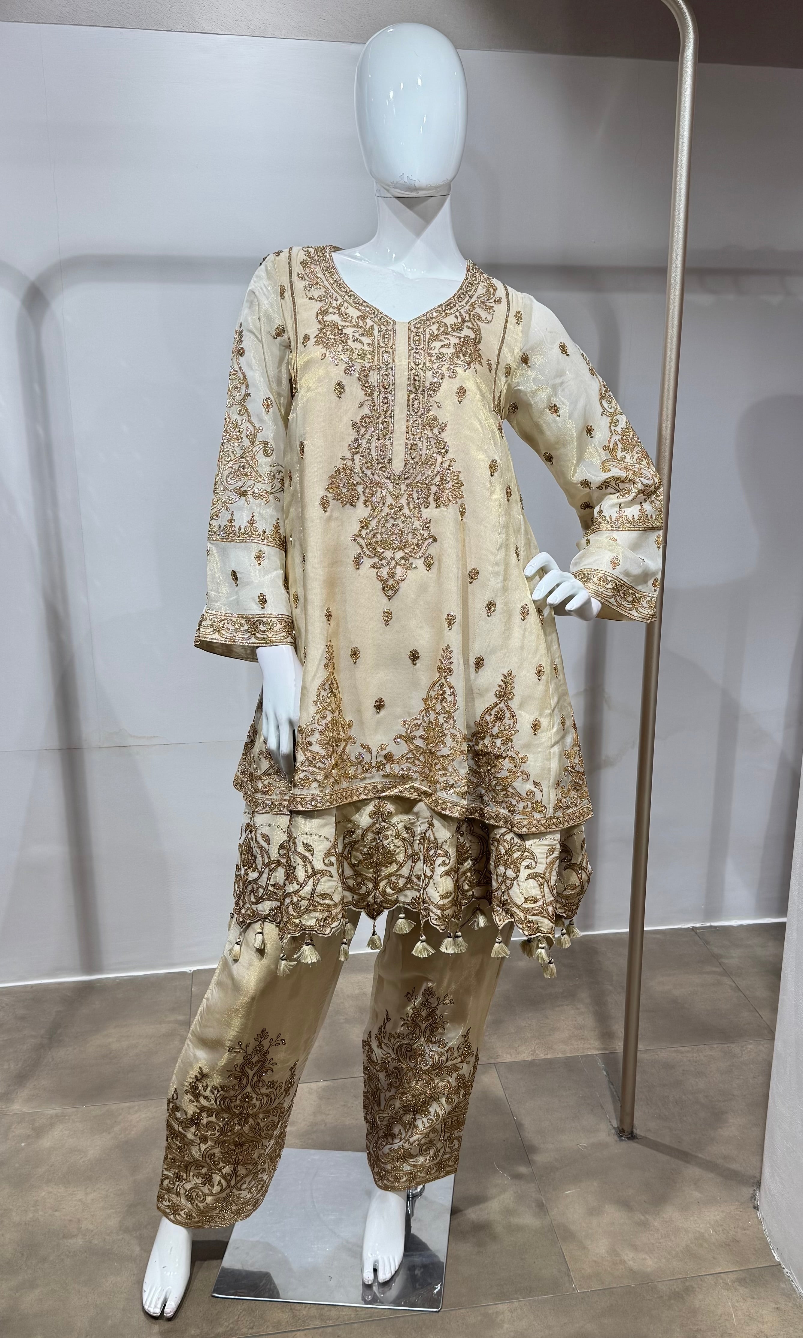 gold tissue suit with golden embroidery & straight pants
