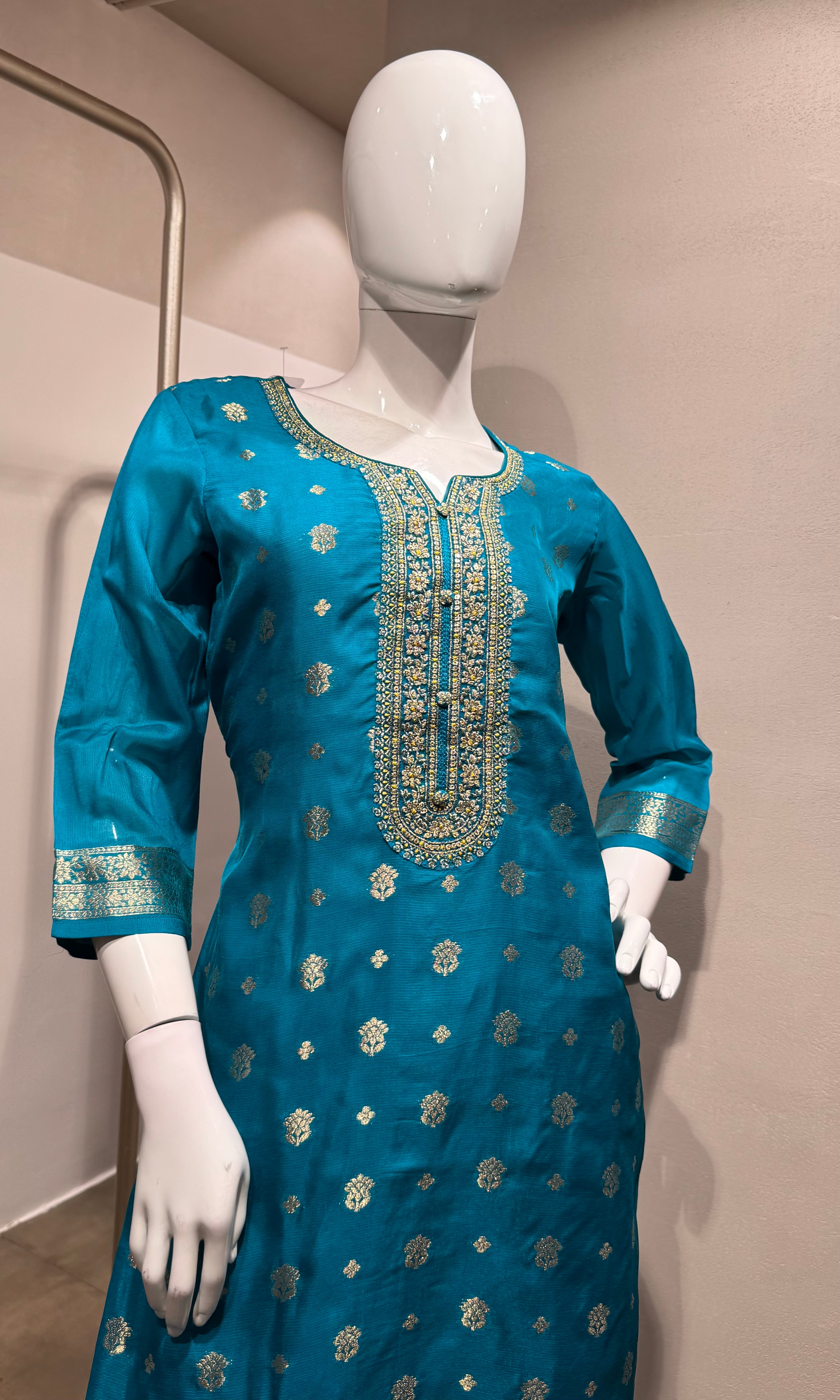 Rama blue woven design silk blend kurta set