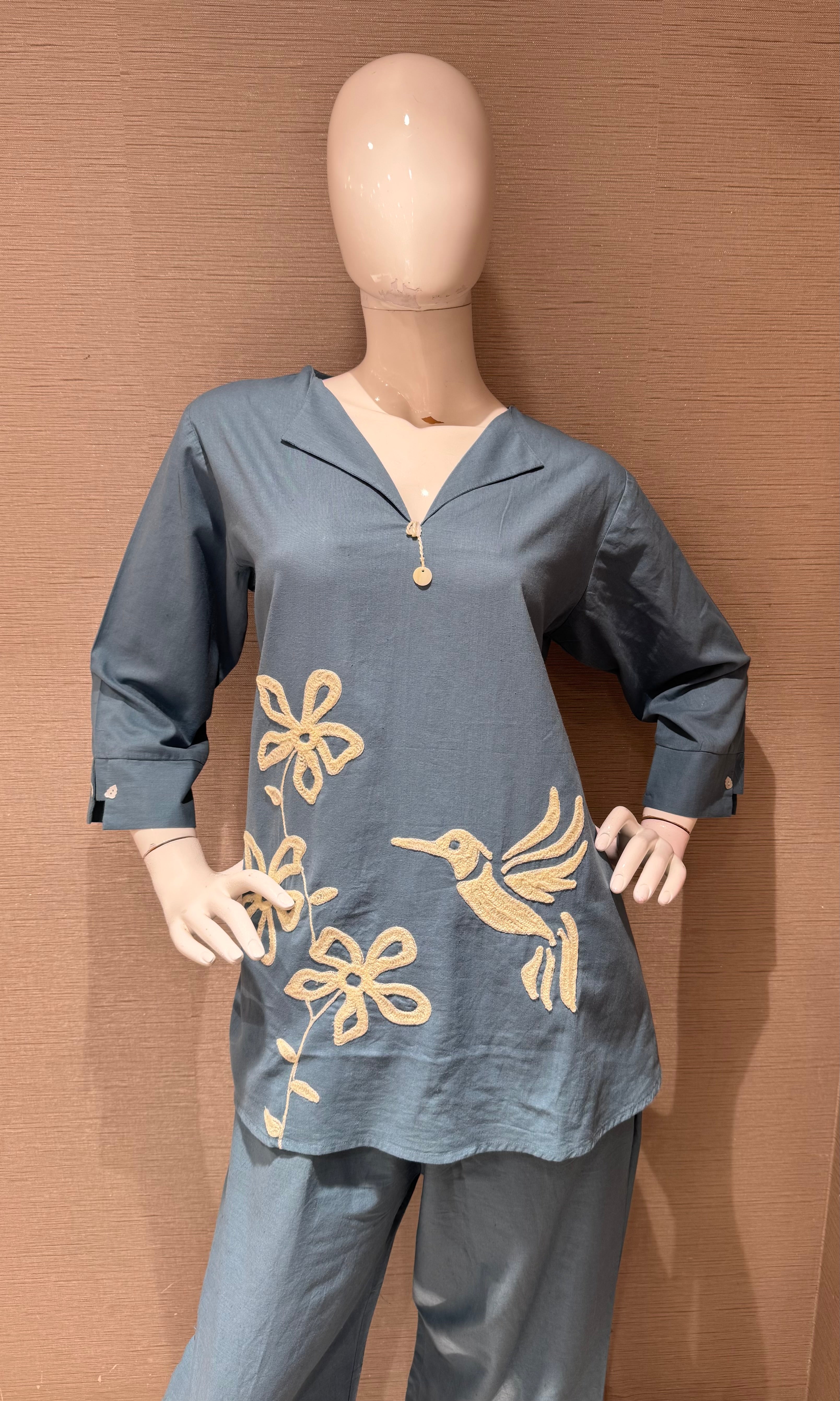 Blue Floral With Bird Embroidered Cord Set