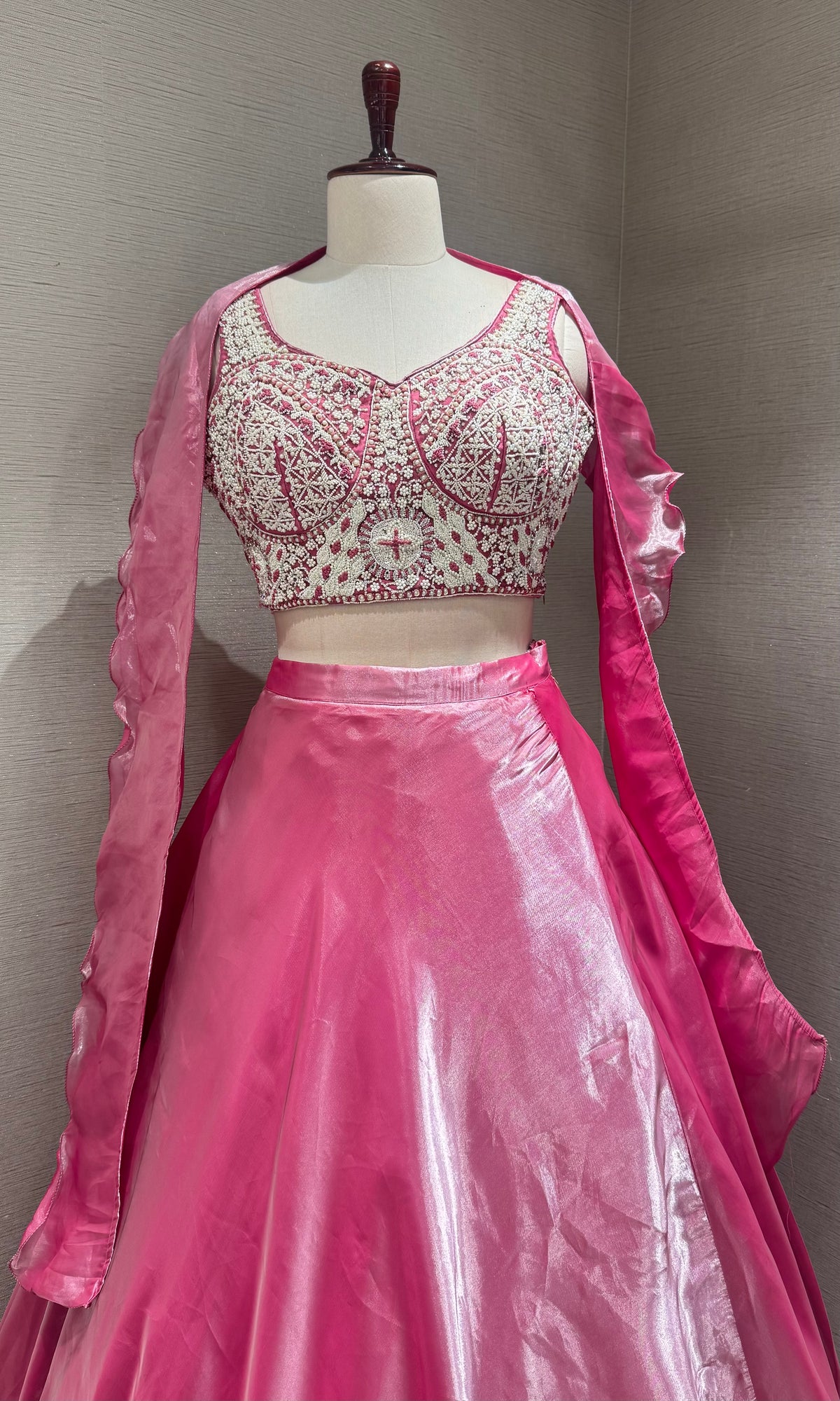 Fuchsia Pink Satin Floral Lehenga set with Sheer Cape Sleeves