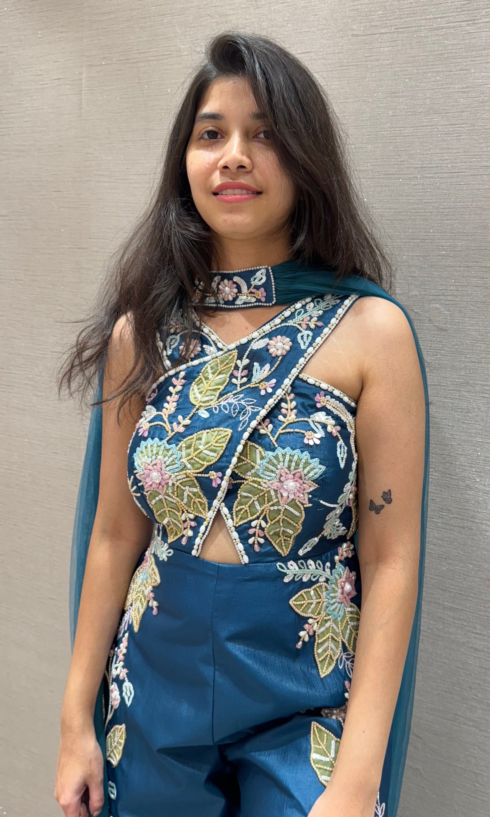 Teal blue Halter embellished jumpsuit