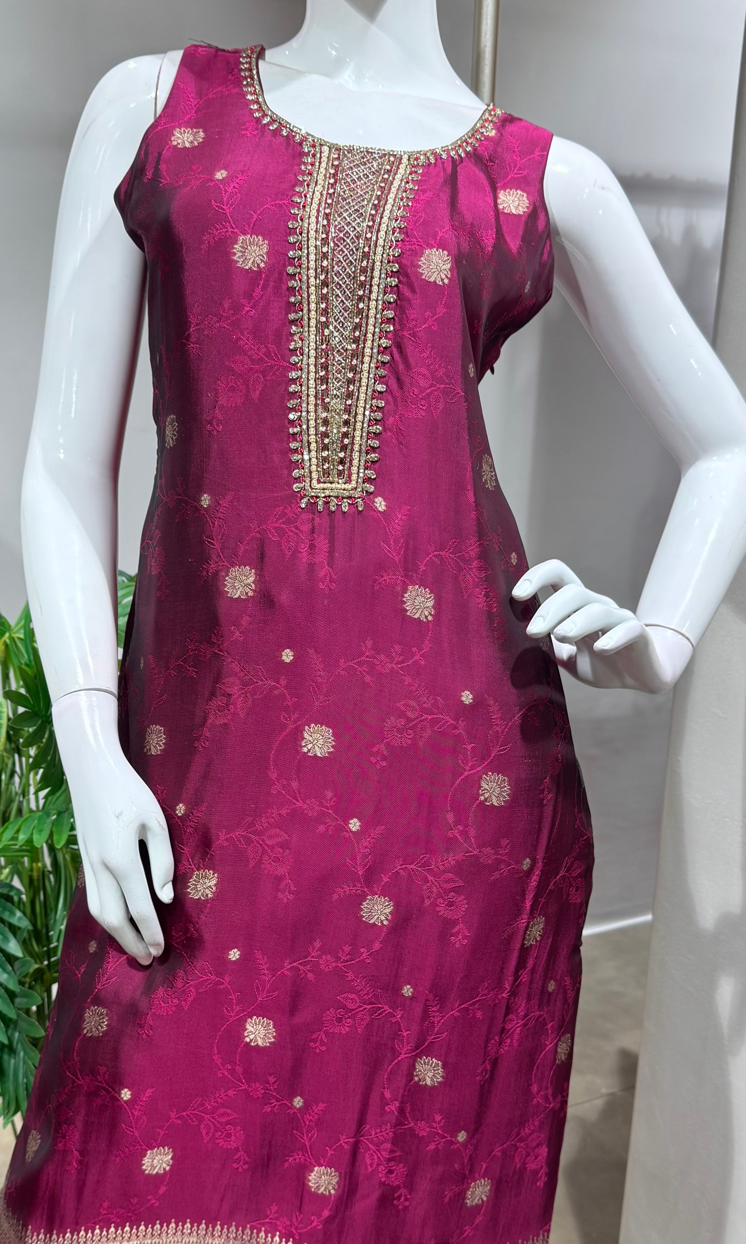 Wine Silk Embroidered kurta Set