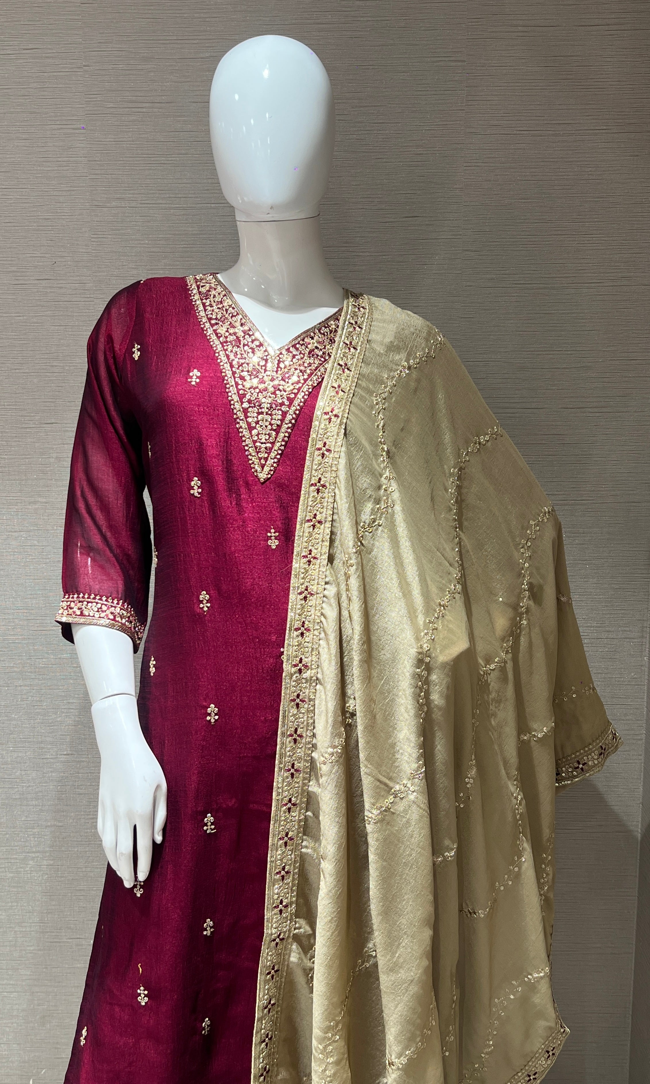 Wine maroon kurta set with contrast gold duppatta