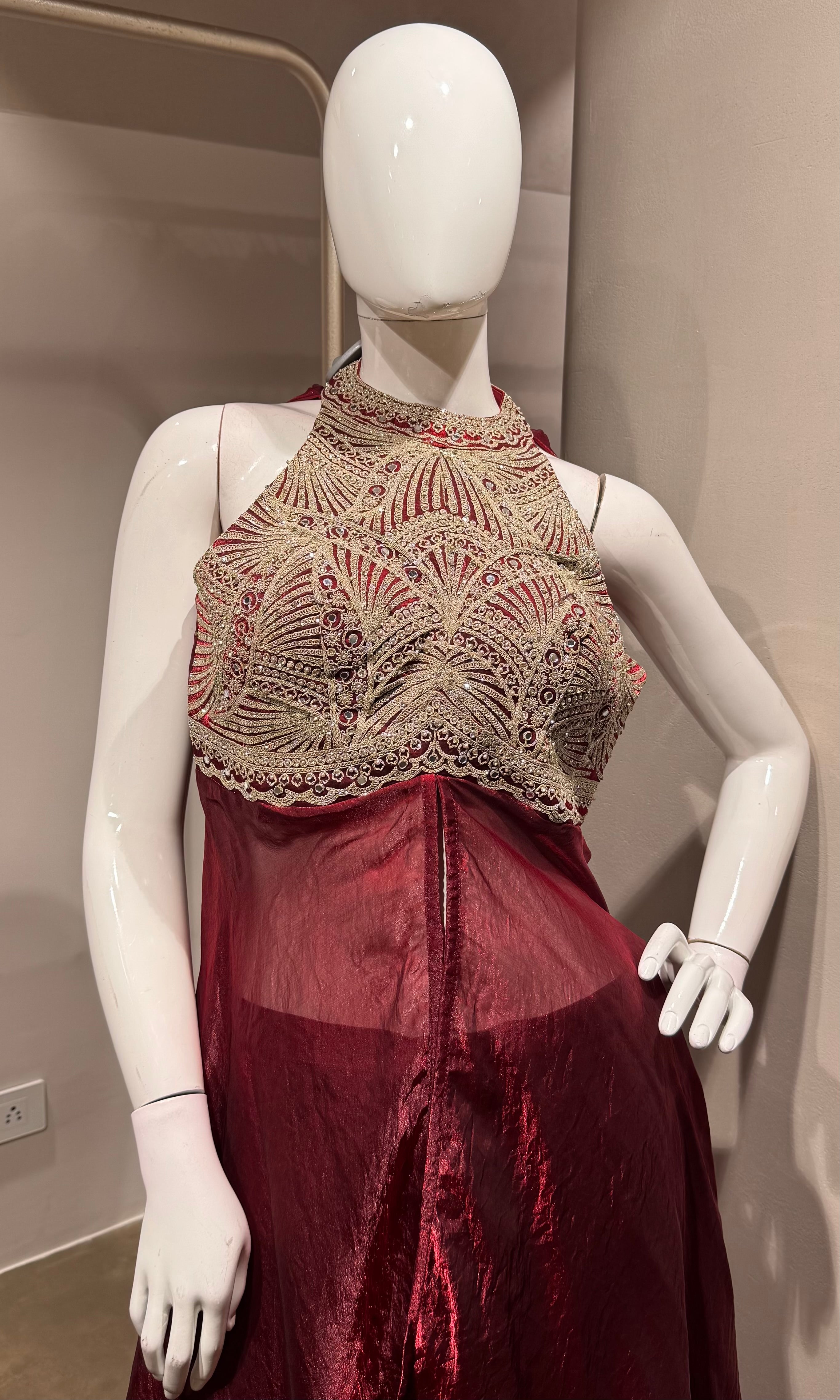 MAROON halter neck embroidered anarkali set