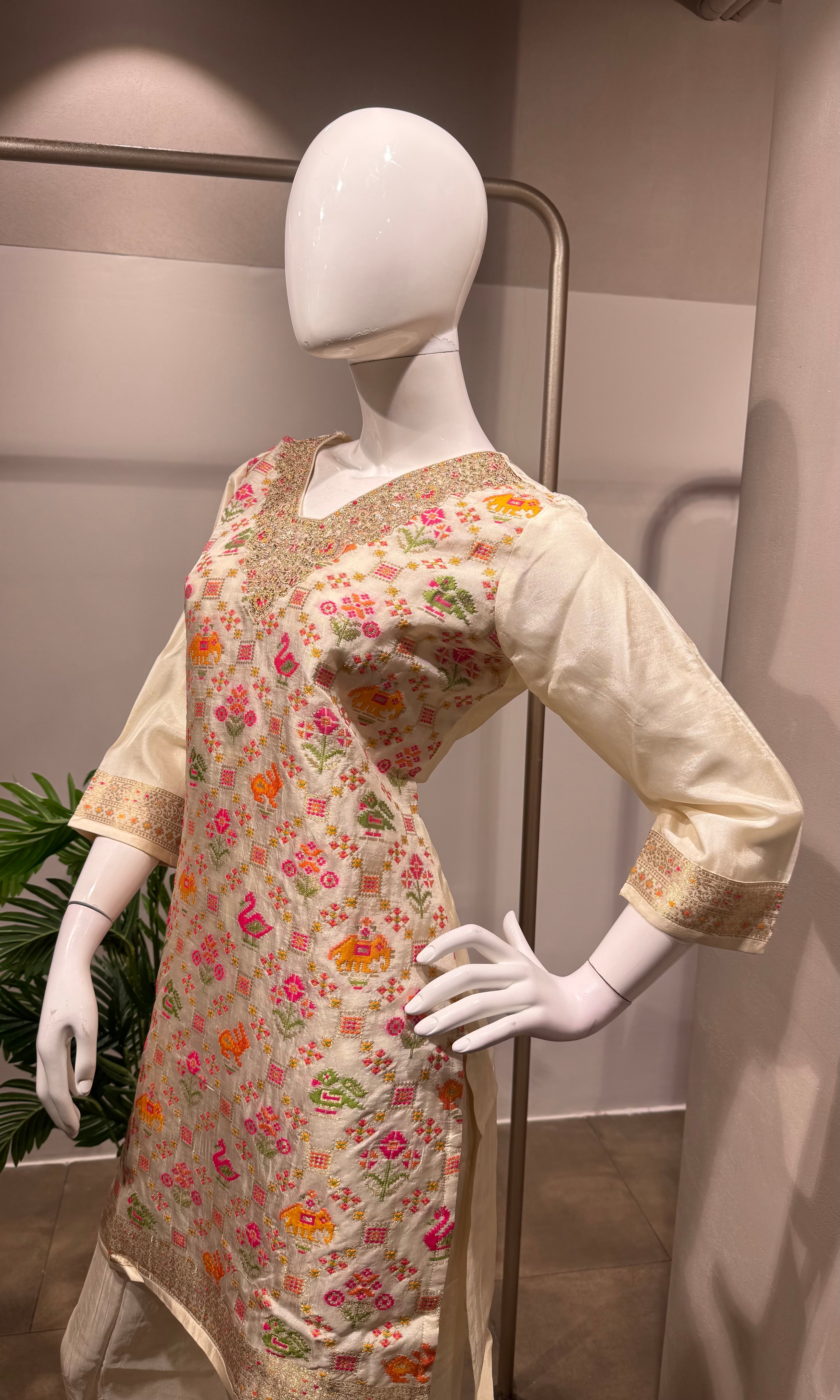Cream Floral Embroidered Kurta set