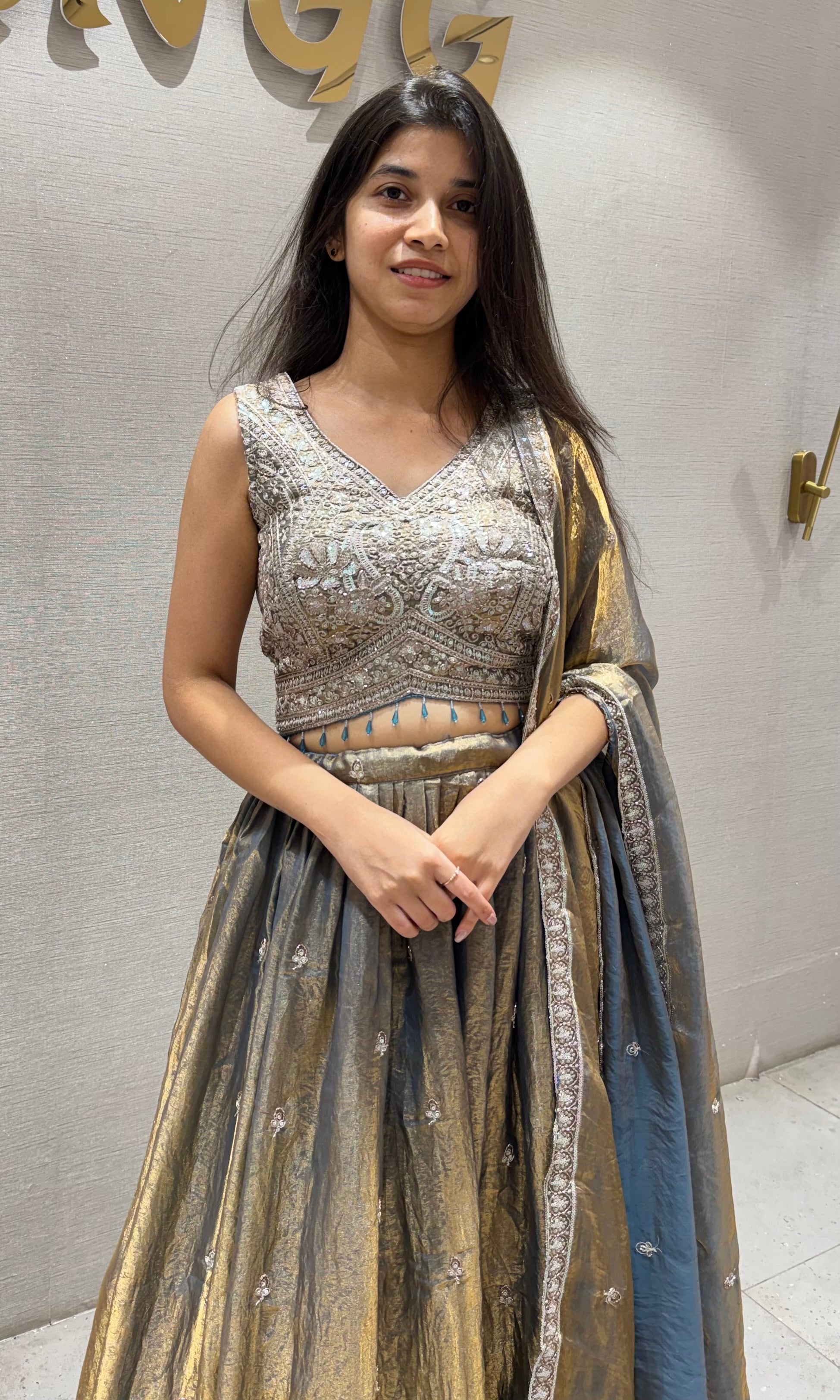 BLUE and GREY Tissue embroidered Lehenga