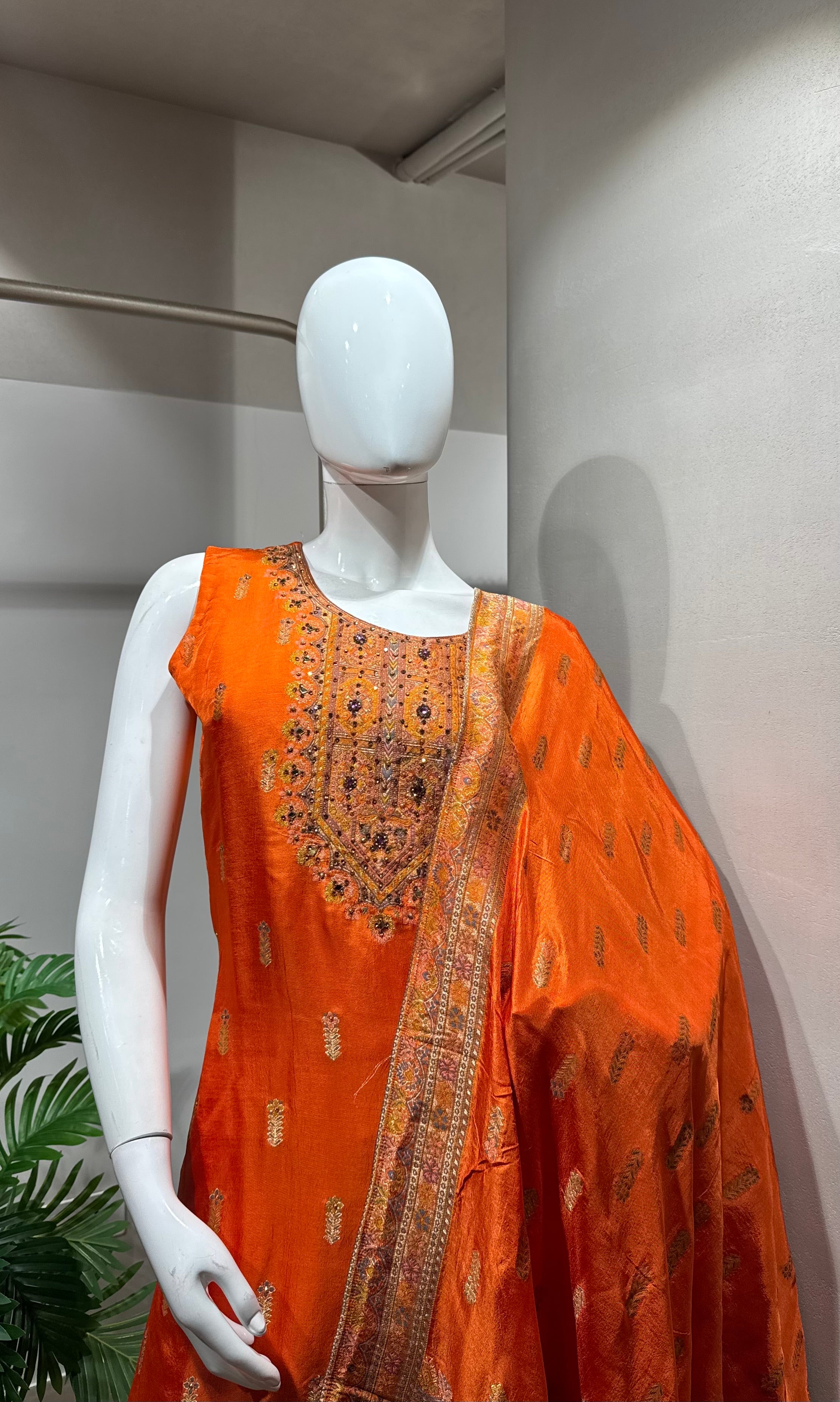 orange and gold embroidered kurta set