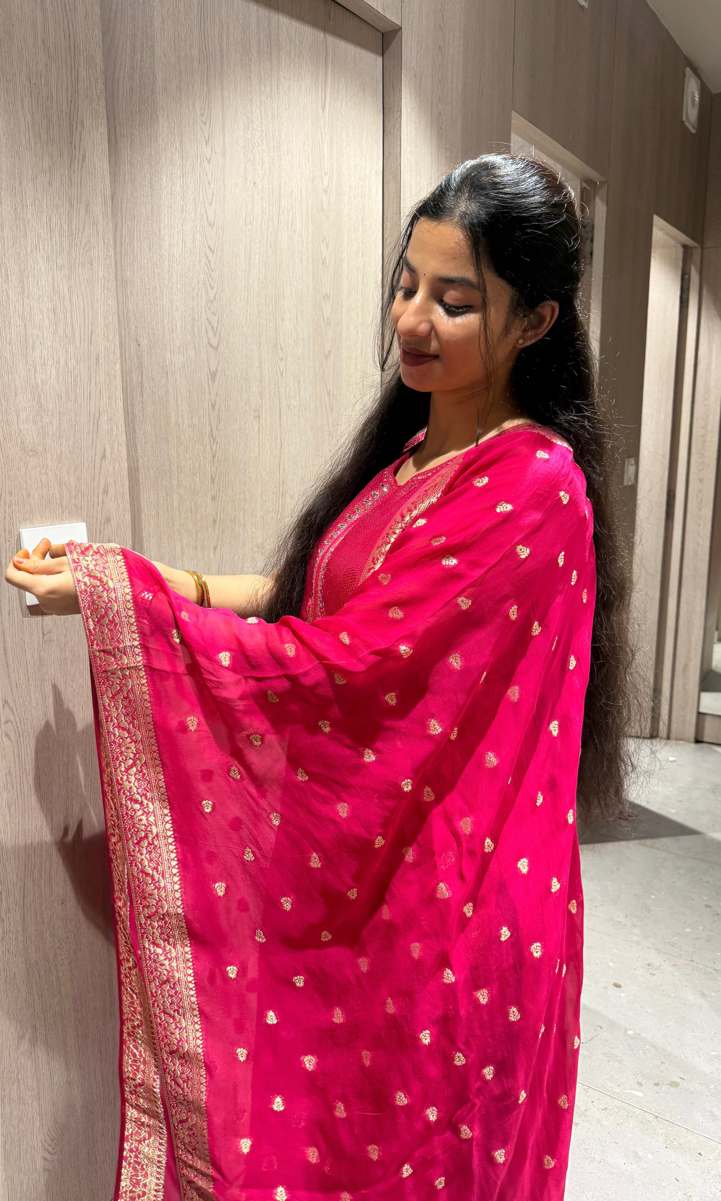 Pink kurta set with a sheer dupatta